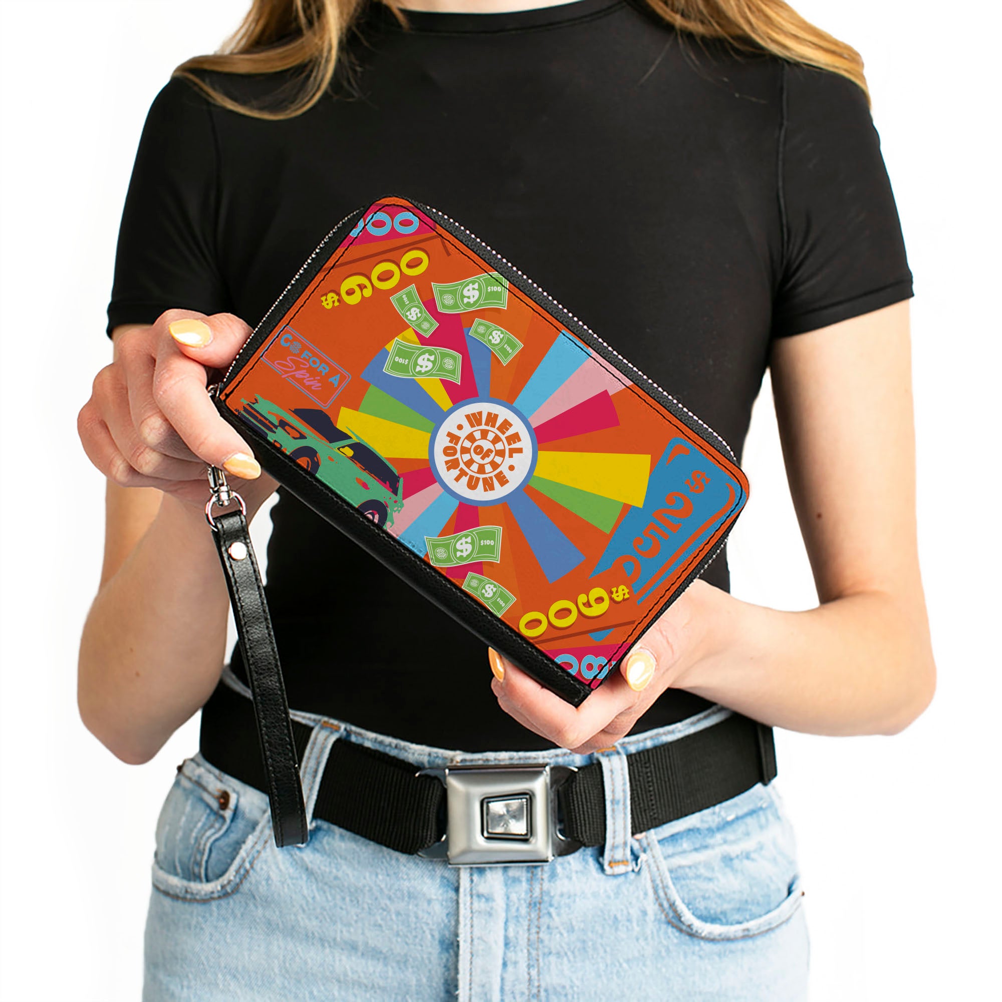 PU Zip Around Wallet Rectangle - WHEEL OF FORTUNE Prizes Collage Multi Color Clutch Zip Around Wallets Wheel of Fortune