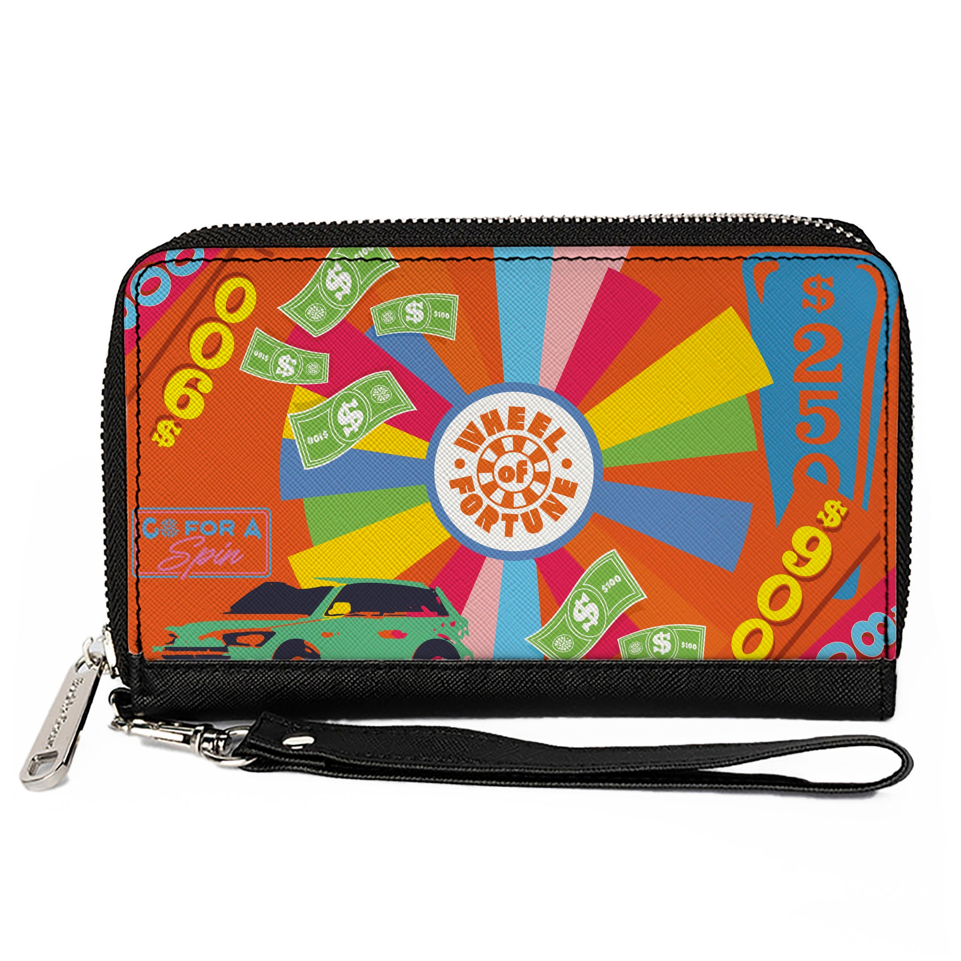 PU Zip Around Wallet Rectangle - WHEEL OF FORTUNE Prizes Collage Multi Color Clutch Zip Around Wallets Wheel of Fortune