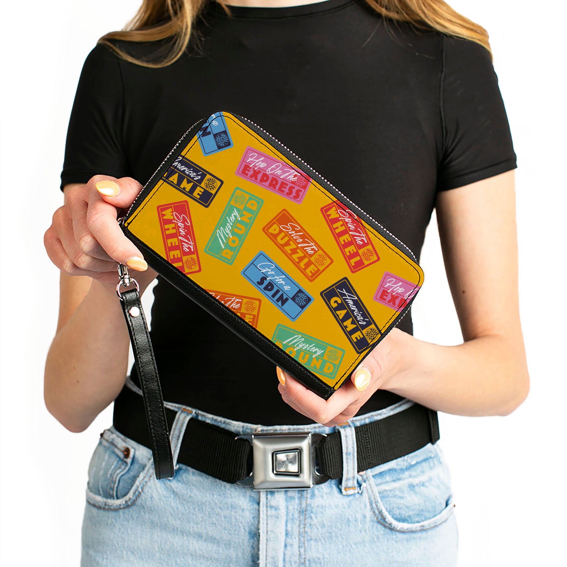 PU Zip Around Wallet Rectangle - Wheel of Fortune Quotes Collage Yellow/Multi Color Clutch Zip Around Wallets Wheel of Fortune