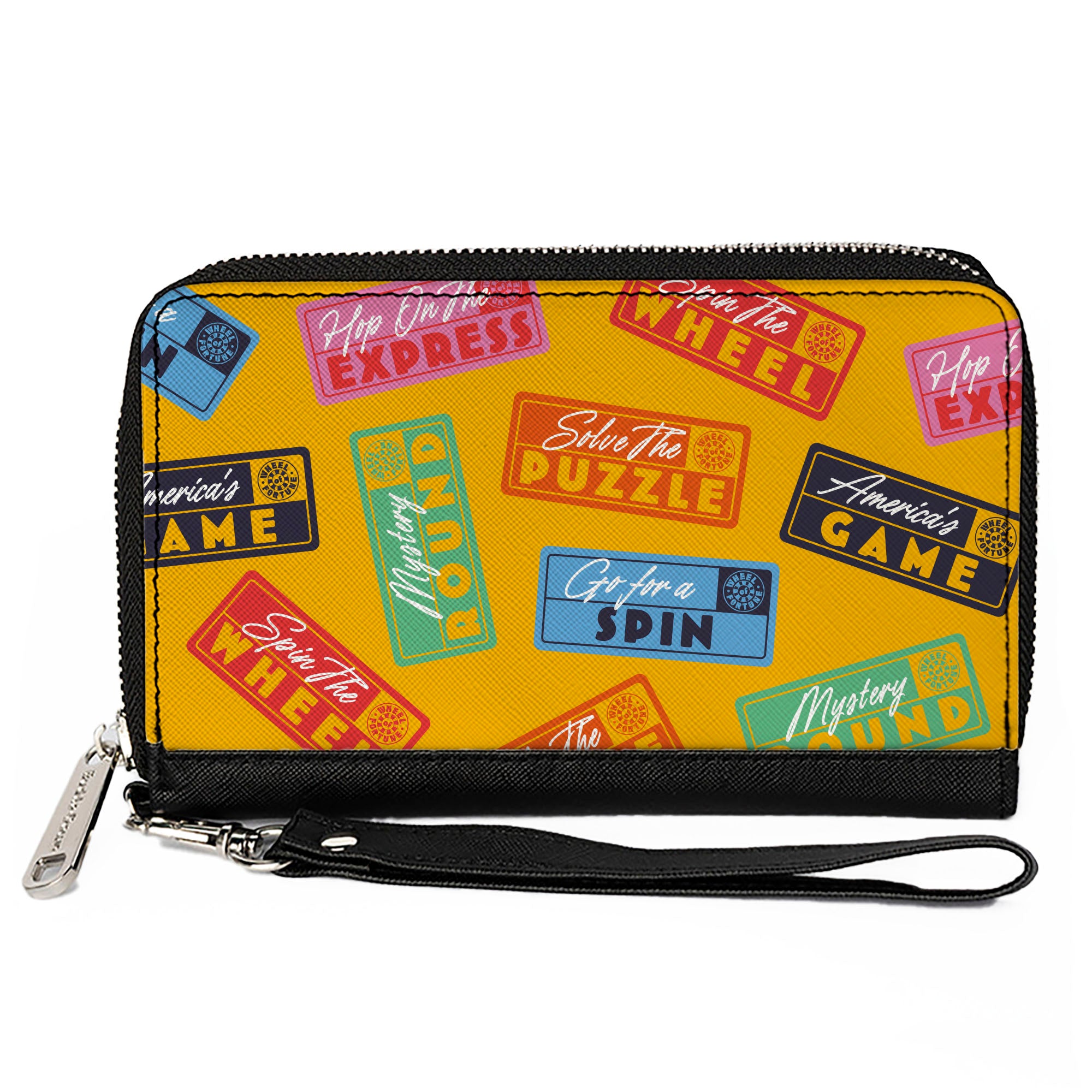 PU Zip Around Wallet Rectangle - Wheel of Fortune Quotes Collage Yellow/Multi Color Clutch Zip Around Wallets Wheel of Fortune