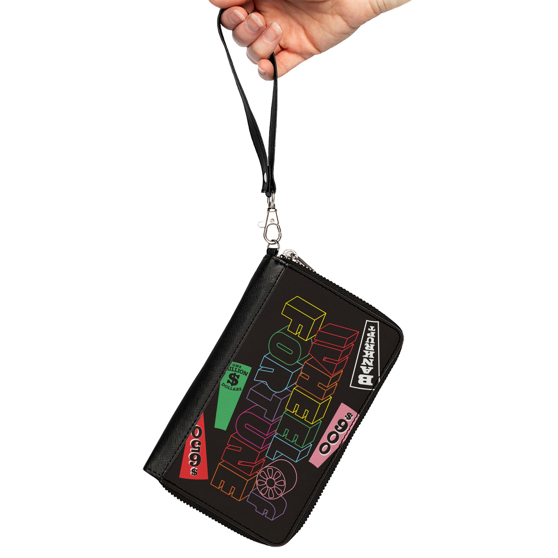 PU Zip Around Wallet Rectangle - WHEEL OF FORTUNE Text and Wedges Scattered Black/Multi Color Clutch Zip Around Wallets Wheel of Fortune