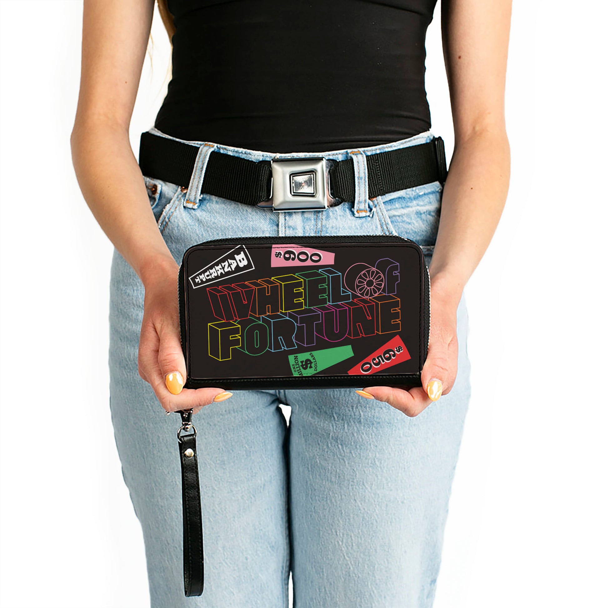 PU Zip Around Wallet Rectangle - WHEEL OF FORTUNE Text and Wedges Scattered Black/Multi Color Clutch Zip Around Wallets Wheel of Fortune