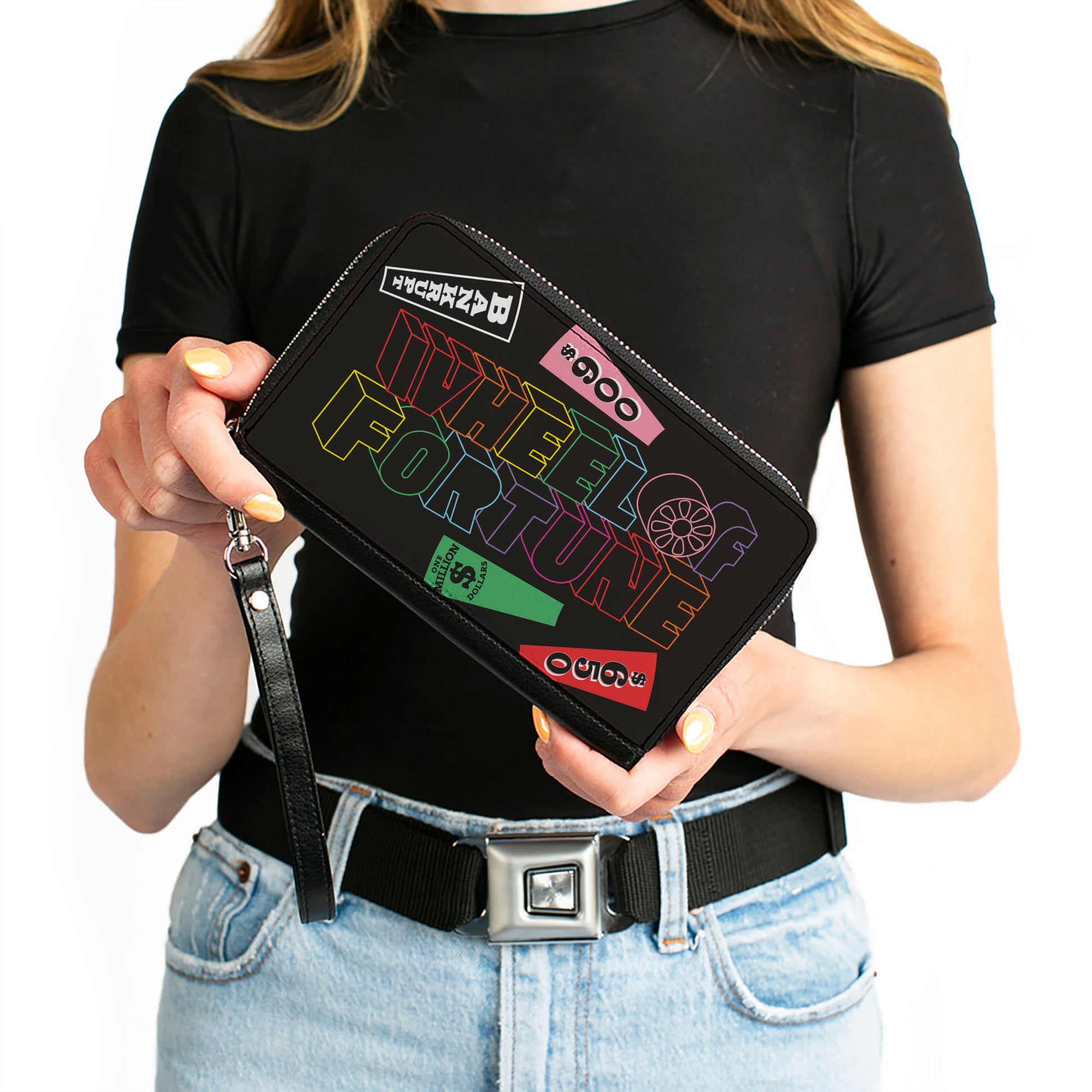 PU Zip Around Wallet Rectangle - WHEEL OF FORTUNE Text and Wedges Scattered Black/Multi Color Clutch Zip Around Wallets Wheel of Fortune