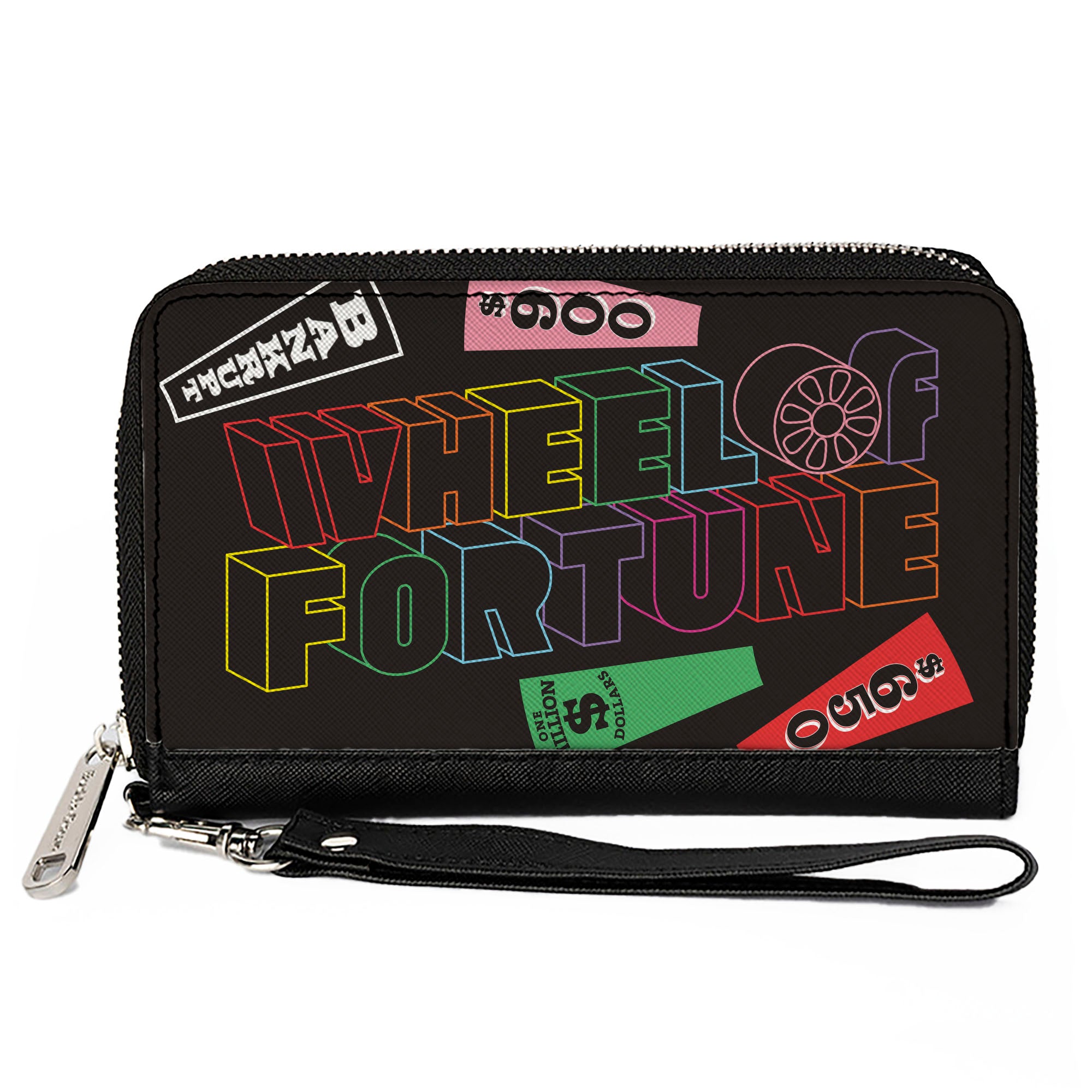 PU Zip Around Wallet Rectangle - WHEEL OF FORTUNE Text and Wedges Scattered Black/Multi Color Clutch Zip Around Wallets Wheel of Fortune