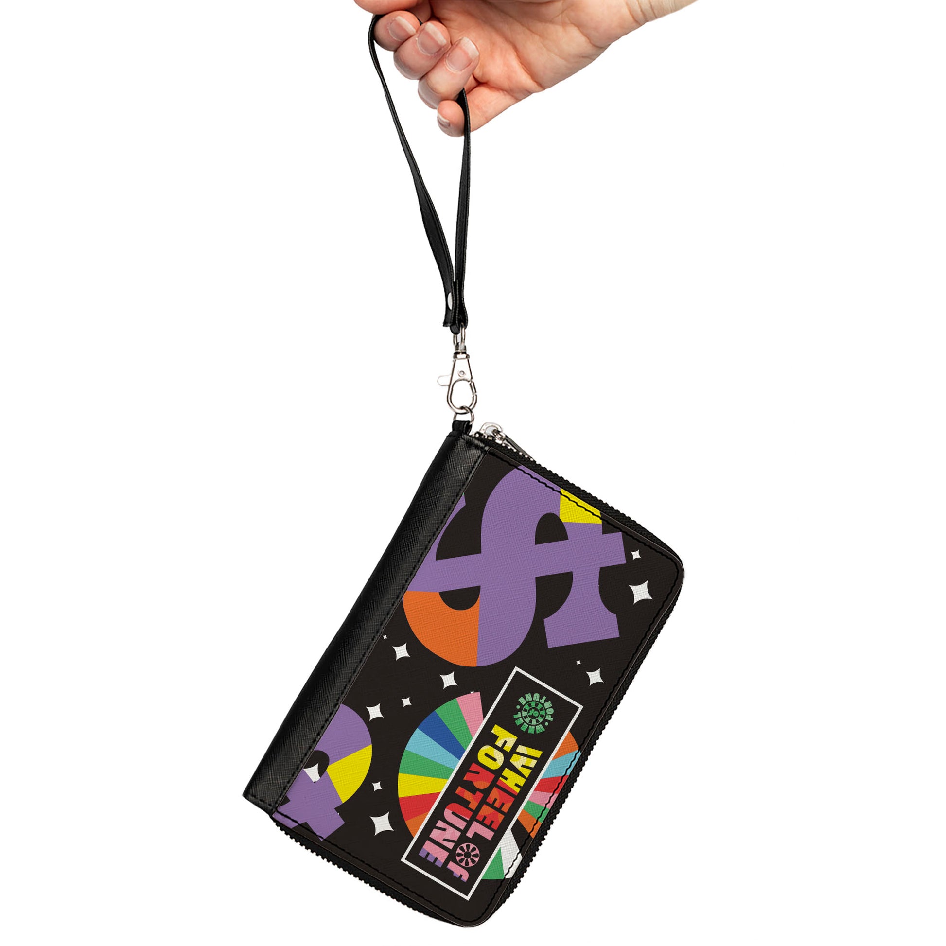 PU Zip Around Wallet Rectangle - WHEEL OF FORTUNE Dollar Signs Black/Multi Color Clutch Zip Around Wallets Wheel of Fortune