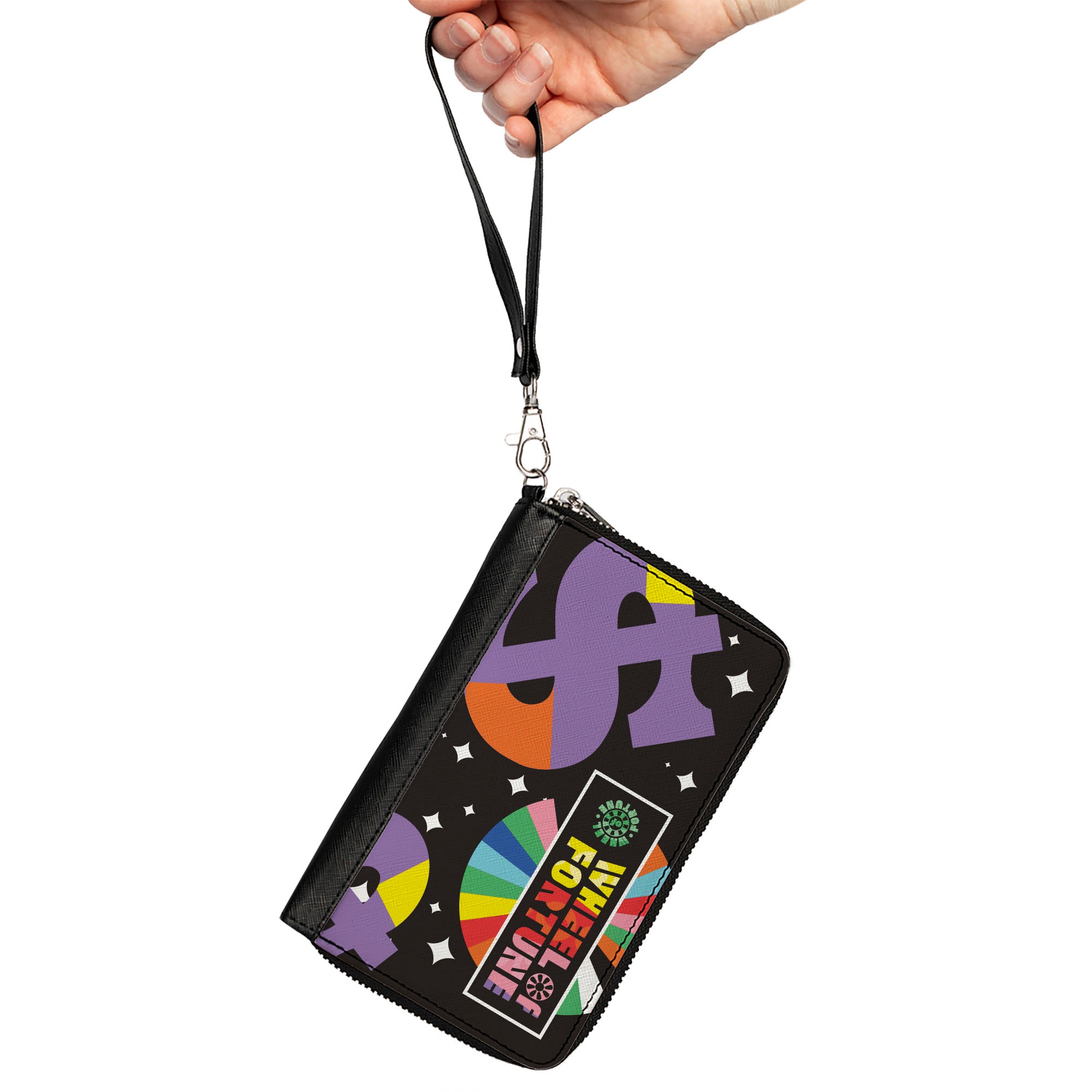 PU Zip Around Wallet Rectangle - WHEEL OF FORTUNE Dollar Signs Black/Multi Color Clutch Zip Around Wallets Wheel of Fortune