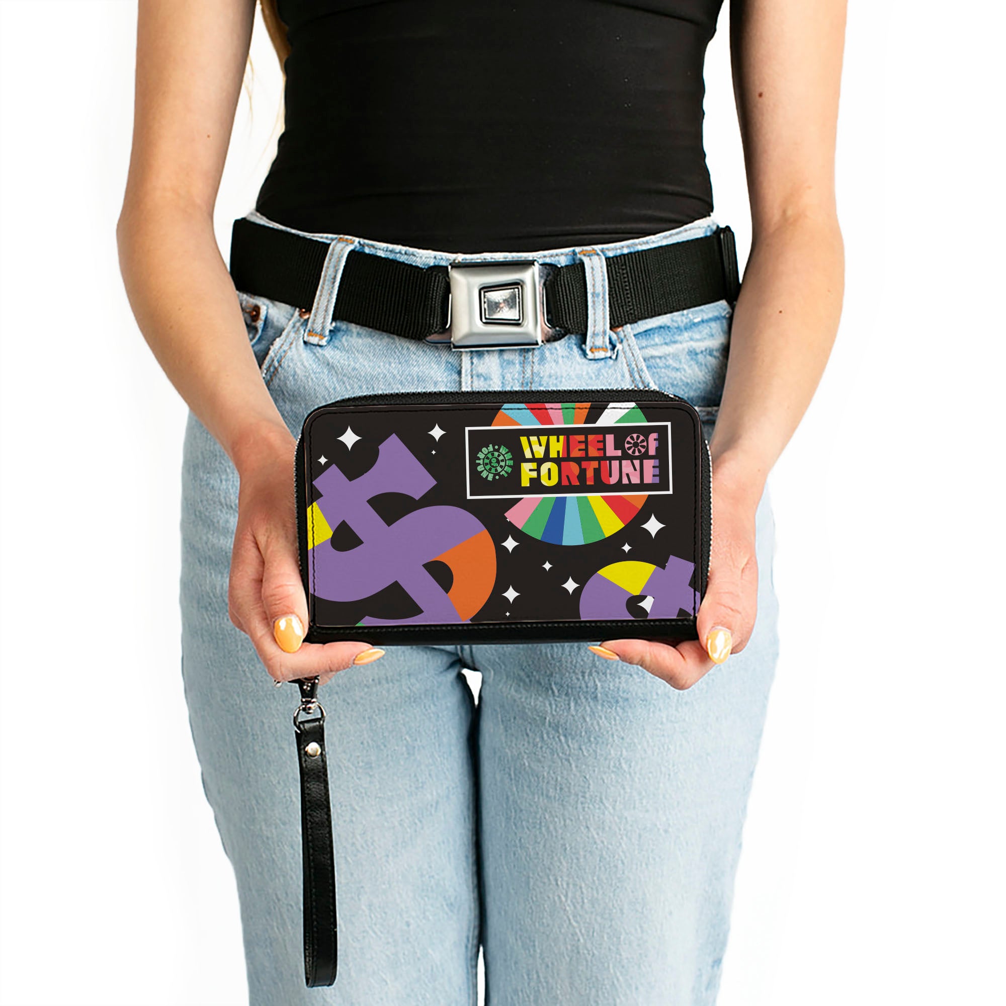 PU Zip Around Wallet Rectangle - WHEEL OF FORTUNE Dollar Signs Black/Multi Color Clutch Zip Around Wallets Wheel of Fortune