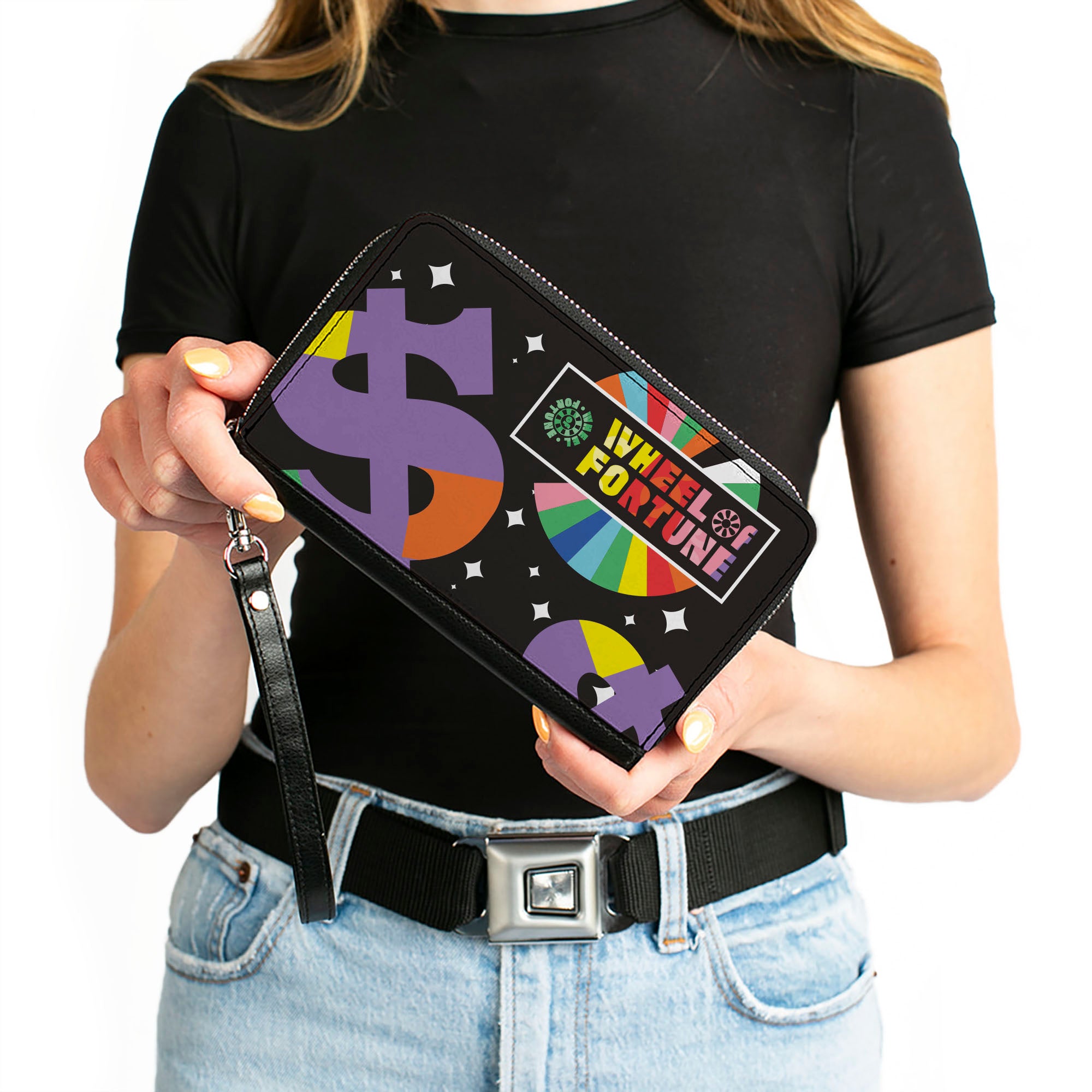 PU Zip Around Wallet Rectangle - WHEEL OF FORTUNE Dollar Signs Black/Multi Color Clutch Zip Around Wallets Wheel of Fortune