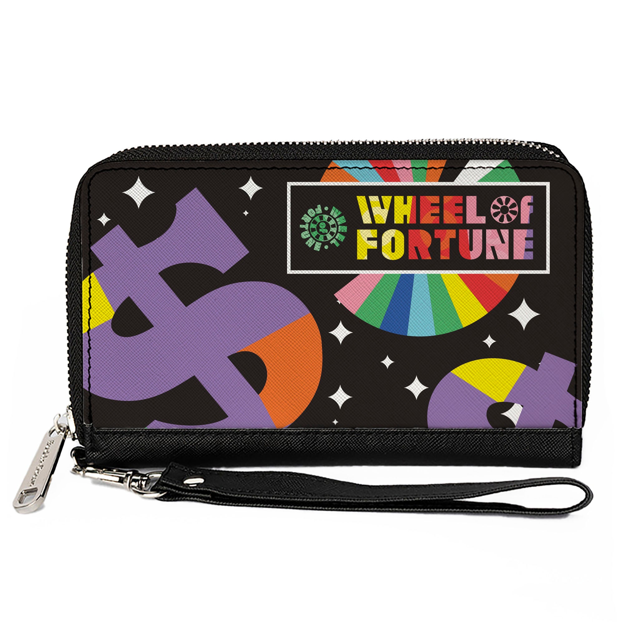 PU Zip Around Wallet Rectangle - WHEEL OF FORTUNE Dollar Signs Black/Multi Color Clutch Zip Around Wallets Wheel of Fortune