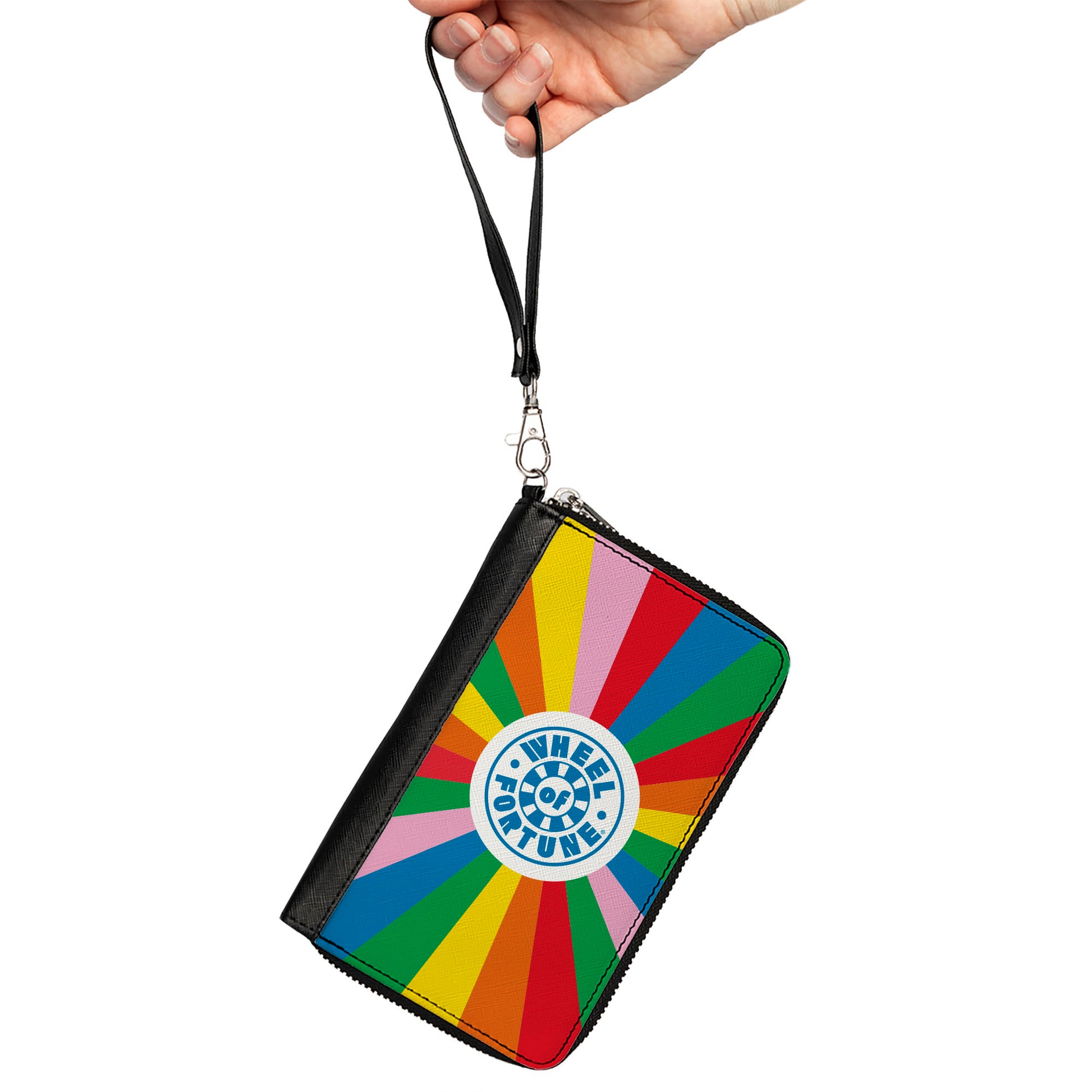 PU Zip Around Wallet Rectangle - WHEEL OF FORTUNE Logo and Wedge Rays Rainbow/White/Blue Clutch Zip Around Wallets Wheel of Fortune