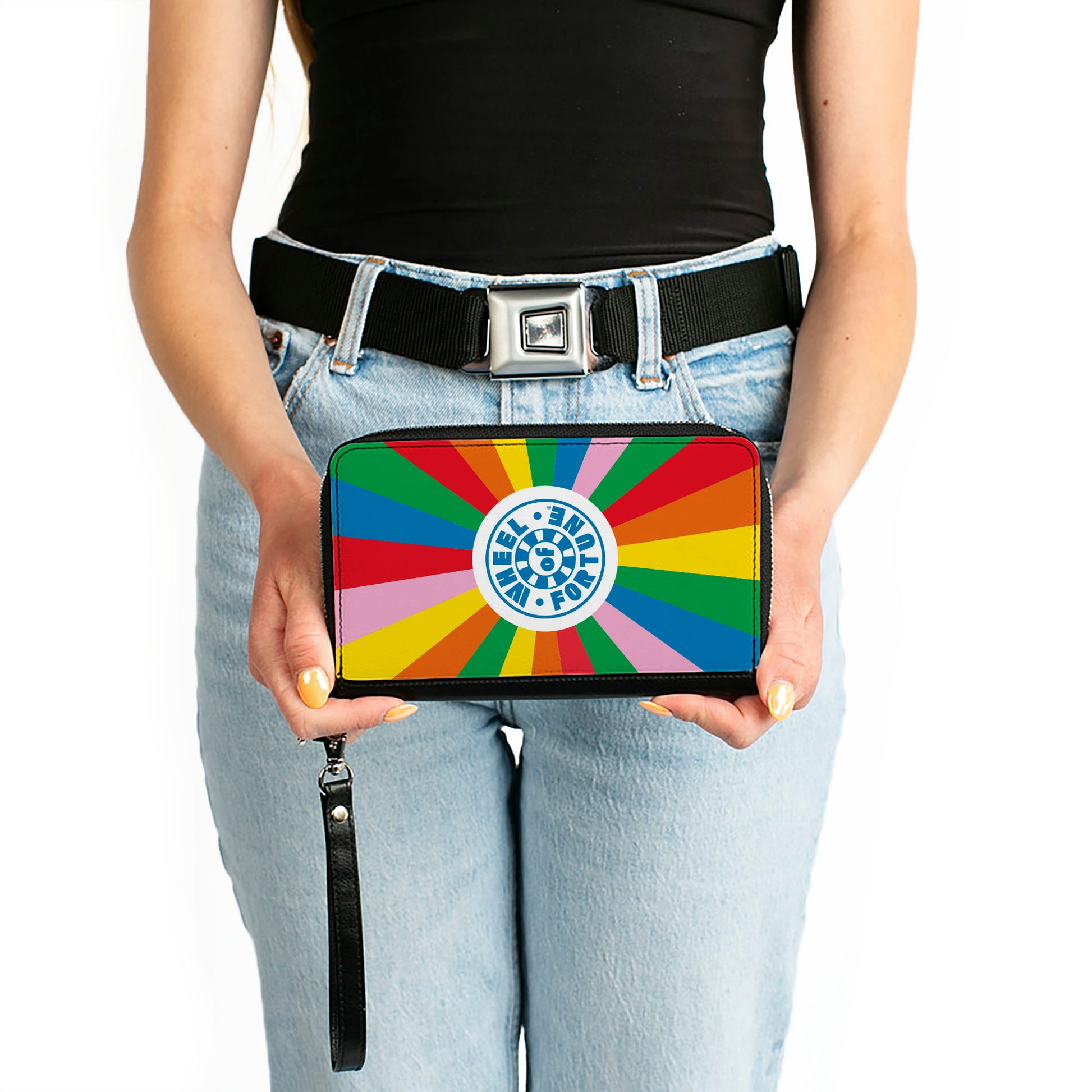 PU Zip Around Wallet Rectangle - WHEEL OF FORTUNE Logo and Wedge Rays Rainbow/White/Blue Clutch Zip Around Wallets Wheel of Fortune