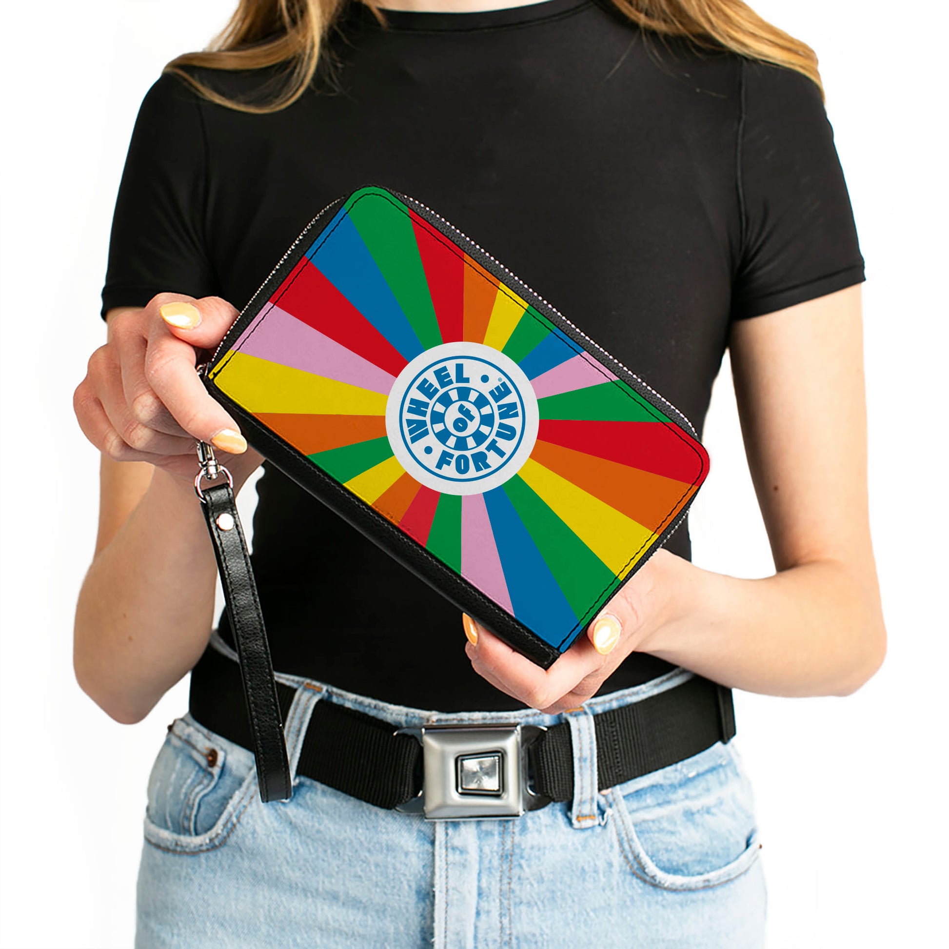 PU Zip Around Wallet Rectangle - WHEEL OF FORTUNE Logo and Wedge Rays Rainbow/White/Blue Clutch Zip Around Wallets Wheel of Fortune