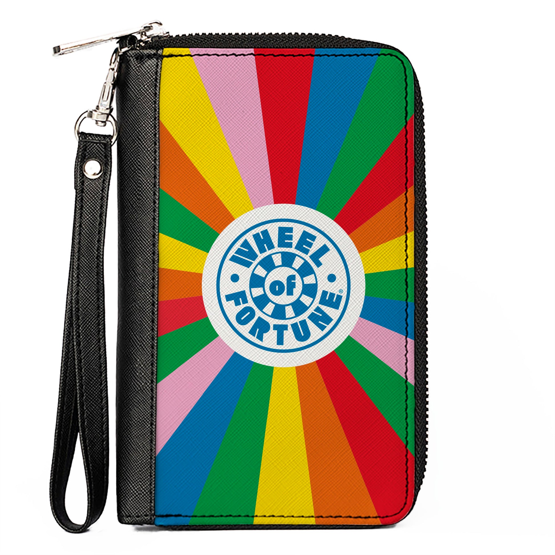 PU Zip Around Wallet Rectangle - WHEEL OF FORTUNE Logo and Wedge Rays Rainbow/White/Blue Clutch Zip Around Wallets Wheel of Fortune