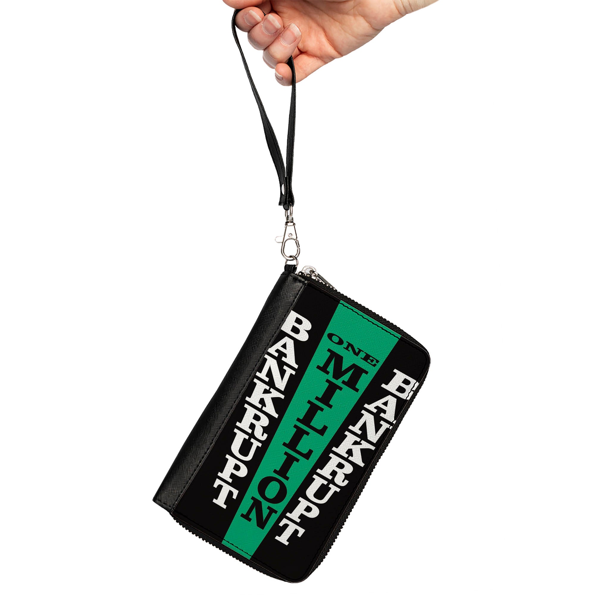 PU Zip Around Wallet Rectangle - Wheel of Fortune Bankrupt and One Million Wedges Black/White/Green Clutch Zip Around Wallets Wheel of Fortune