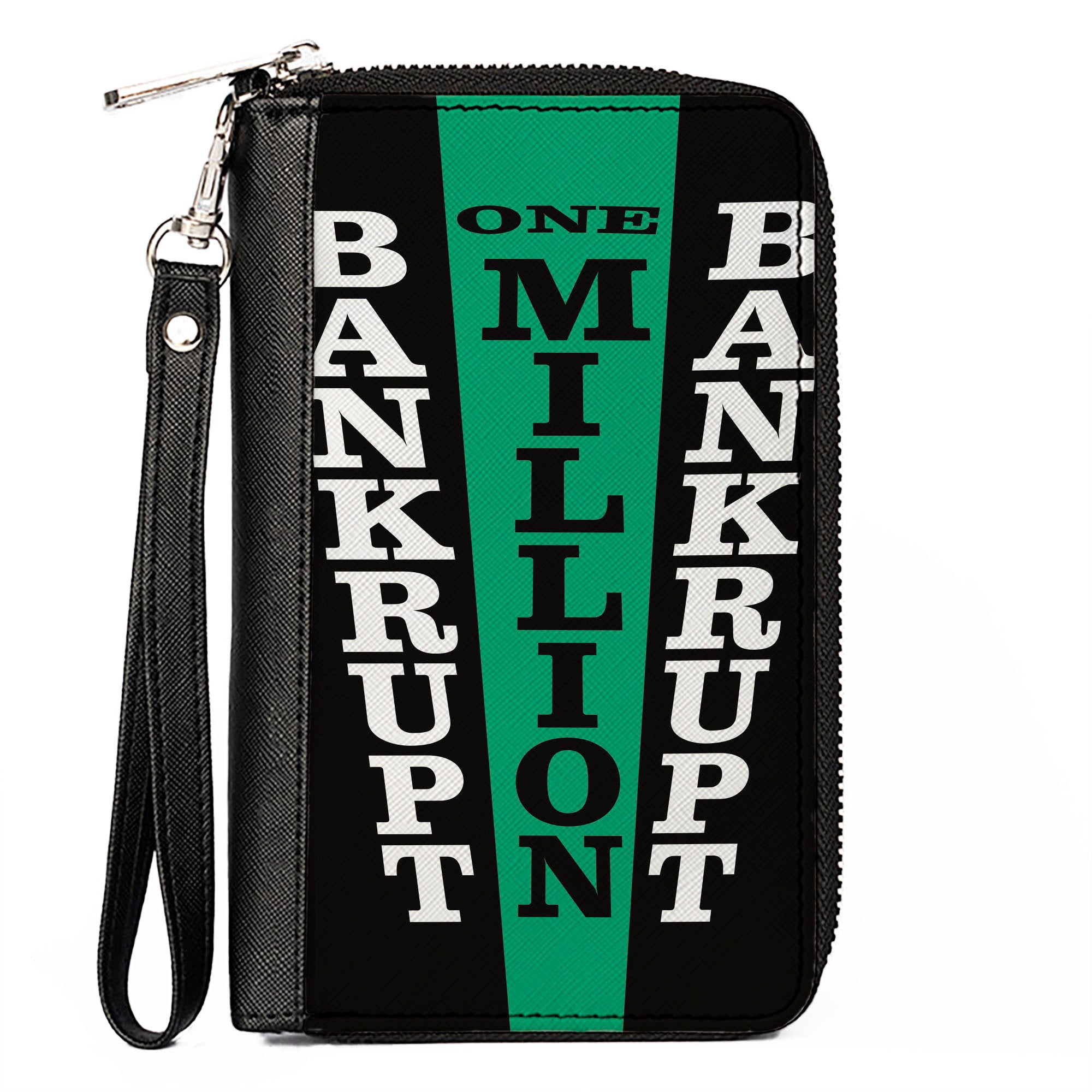PU Zip Around Wallet Rectangle - Wheel of Fortune Bankrupt and One Million Wedges Black/White/Green Clutch Zip Around Wallets Wheel of Fortune