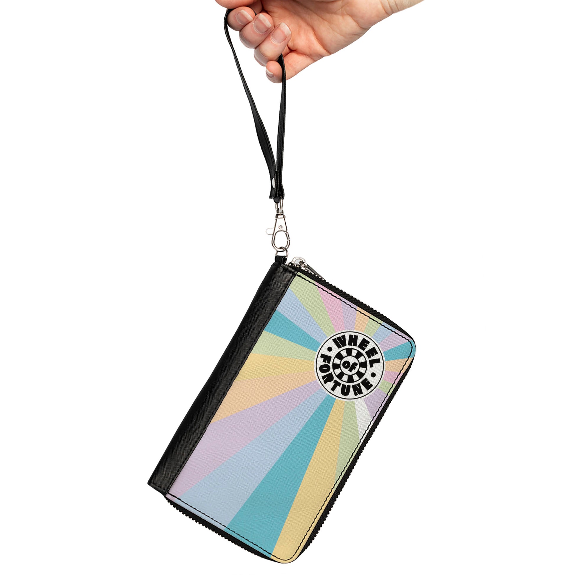PU Zip Around Wallet Rectangle - WHEEL OF FORTUNE Logo and Wedge Rays Multi Pastel Clutch Zip Around Wallets Wheel of Fortune