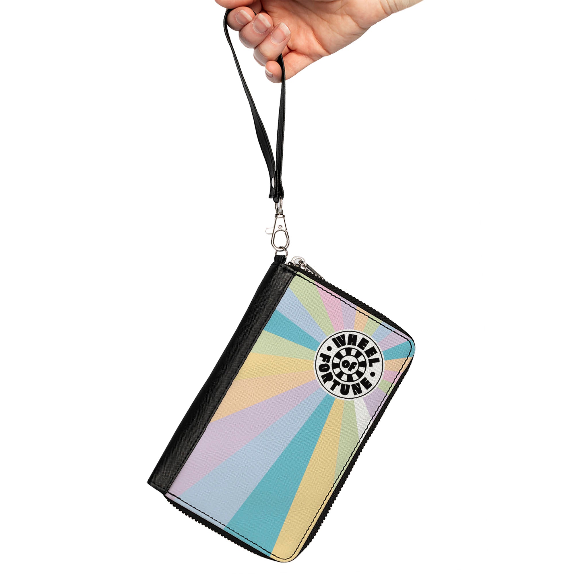 PU Zip Around Wallet Rectangle - WHEEL OF FORTUNE Logo and Wedge Rays Multi Pastel Clutch Zip Around Wallets Wheel of Fortune