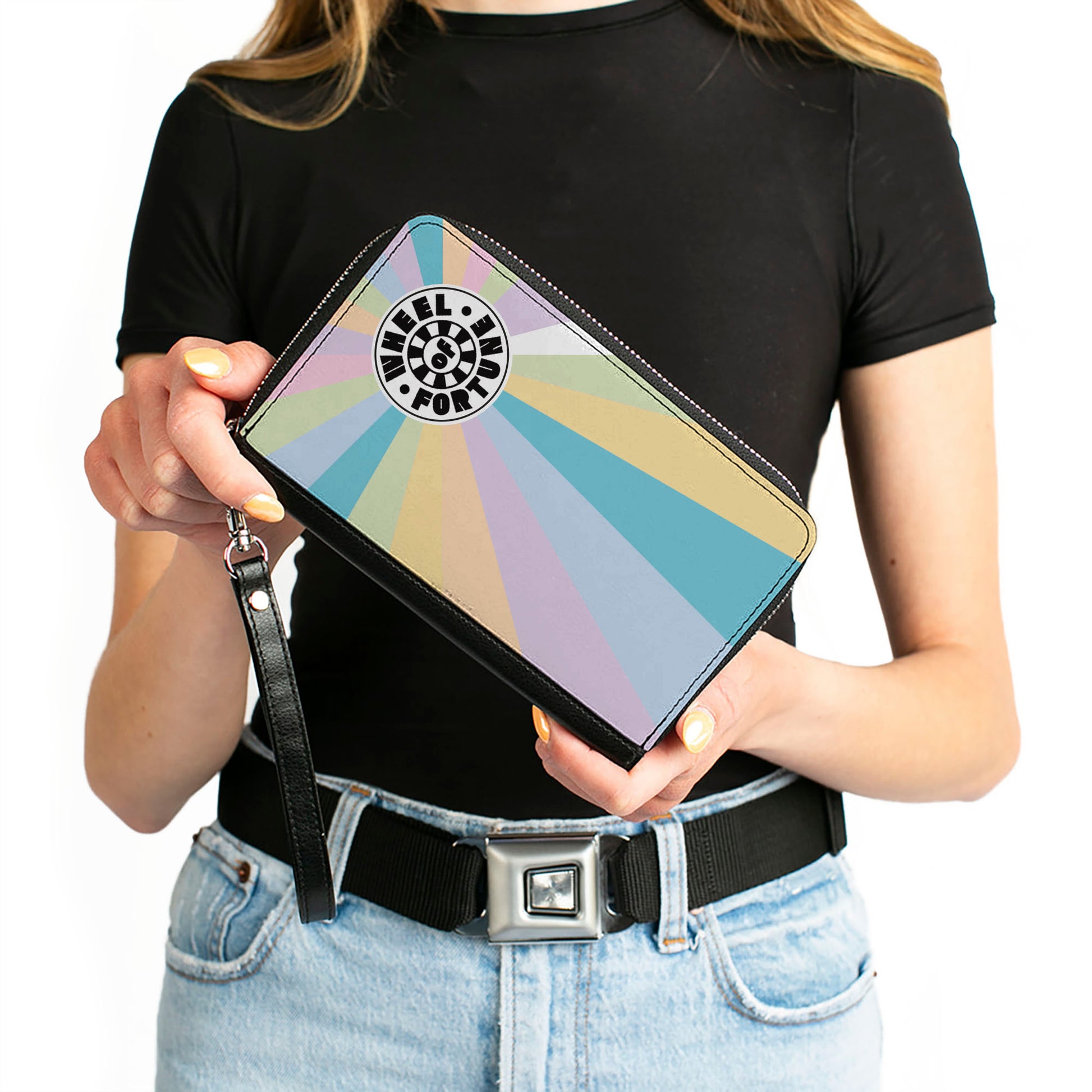 PU Zip Around Wallet Rectangle - WHEEL OF FORTUNE Logo and Wedge Rays Multi Pastel Clutch Zip Around Wallets Wheel of Fortune