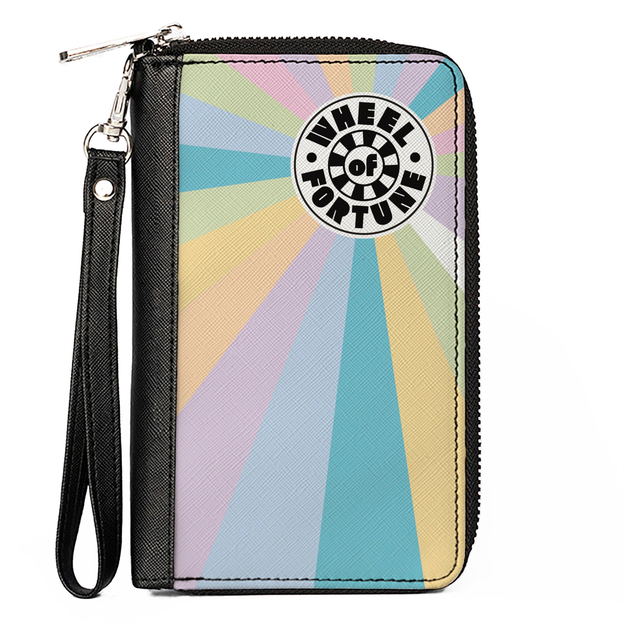 PU Zip Around Wallet Rectangle - WHEEL OF FORTUNE Logo and Wedge Rays Multi Pastel Clutch Zip Around Wallets Wheel of Fortune