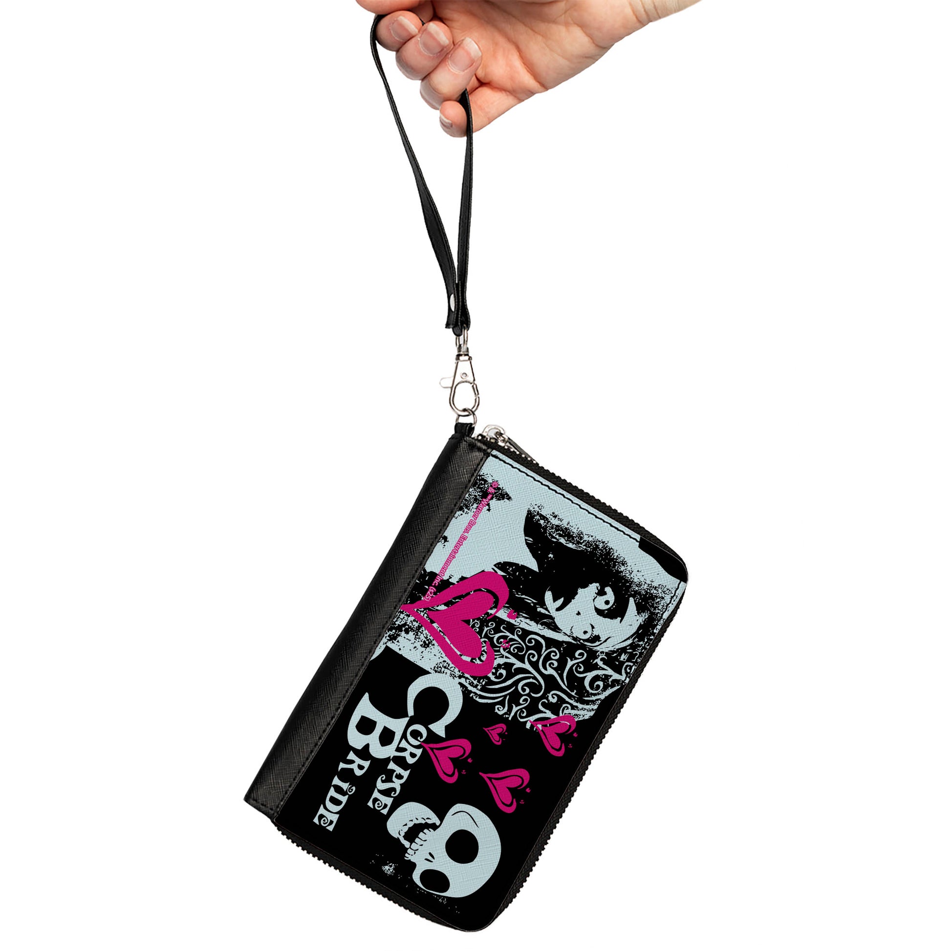 PU Zip Around Wallet Rectangle - THE CORPSE BRIDE Emily Hearts and Skull Black/White/Pink Clutch Zip Around Wallets The Corpse Bride