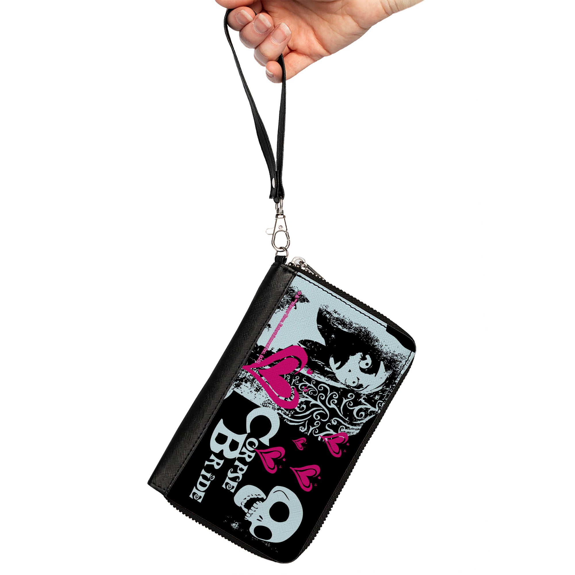 PU Zip Around Wallet Rectangle - THE CORPSE BRIDE Emily Hearts and Skull Black/White/Pink Clutch Zip Around Wallets The Corpse Bride