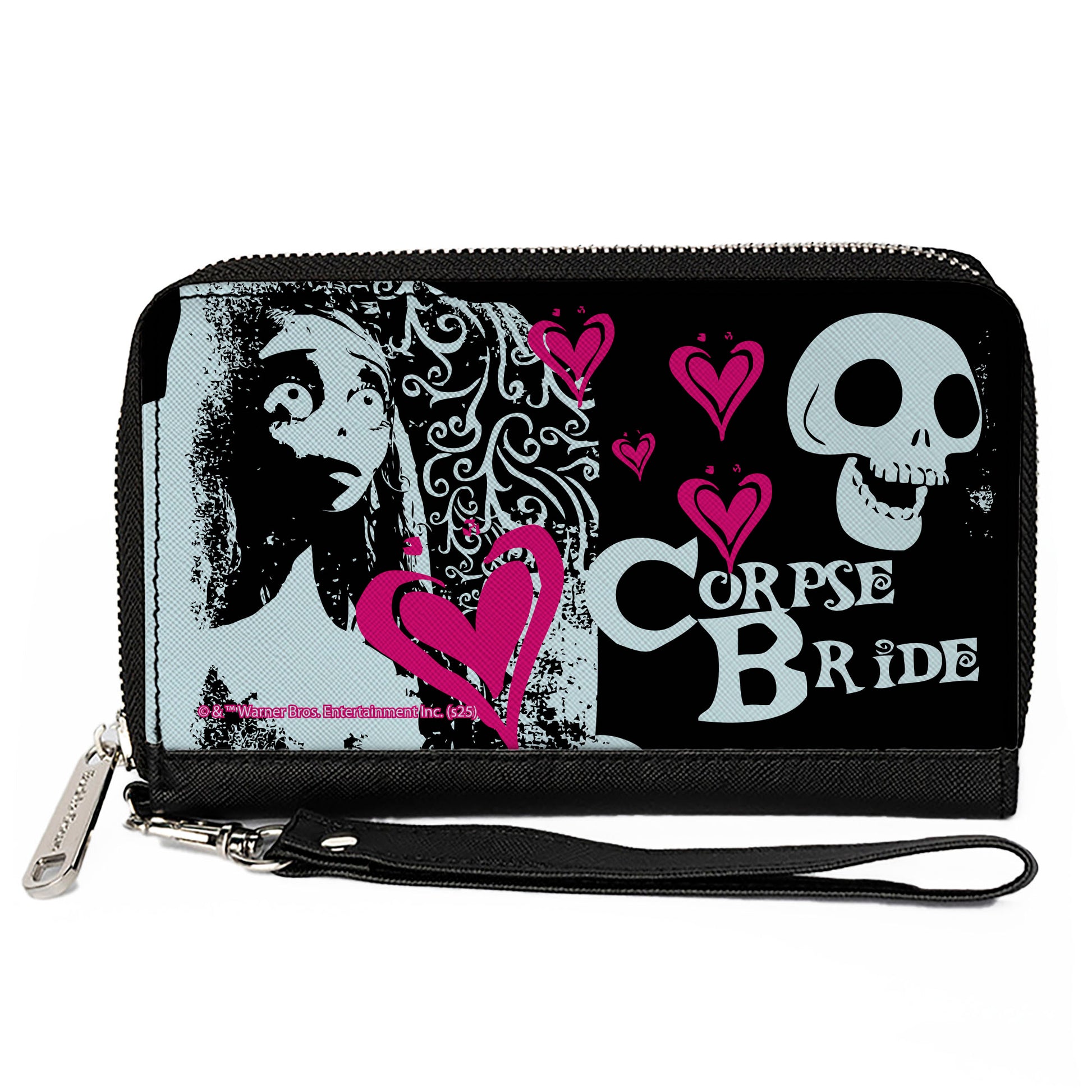PU Zip Around Wallet Rectangle - THE CORPSE BRIDE Emily Hearts and Skull Black/White/Pink Clutch Zip Around Wallets The Corpse Bride
