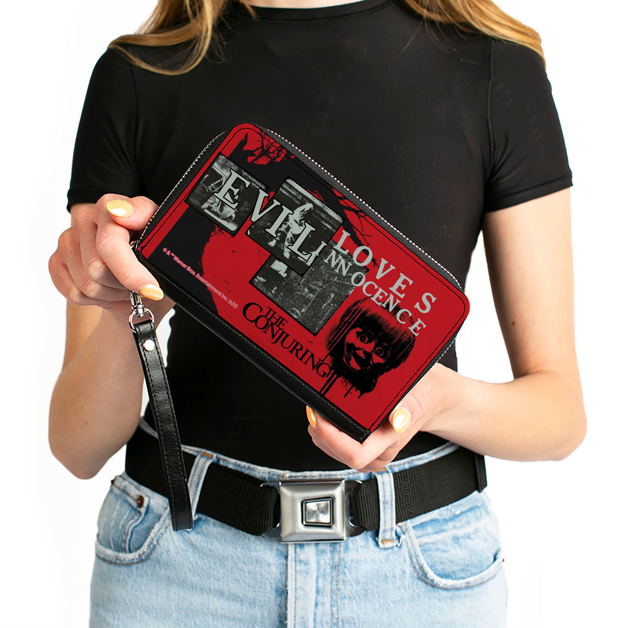 PU Zip Around Wallet Rectangle - The Conjuring EVIL LOVES INNOCENCE Pose Blocks Red/Black Clutch Zip Around Wallets The Conjuring