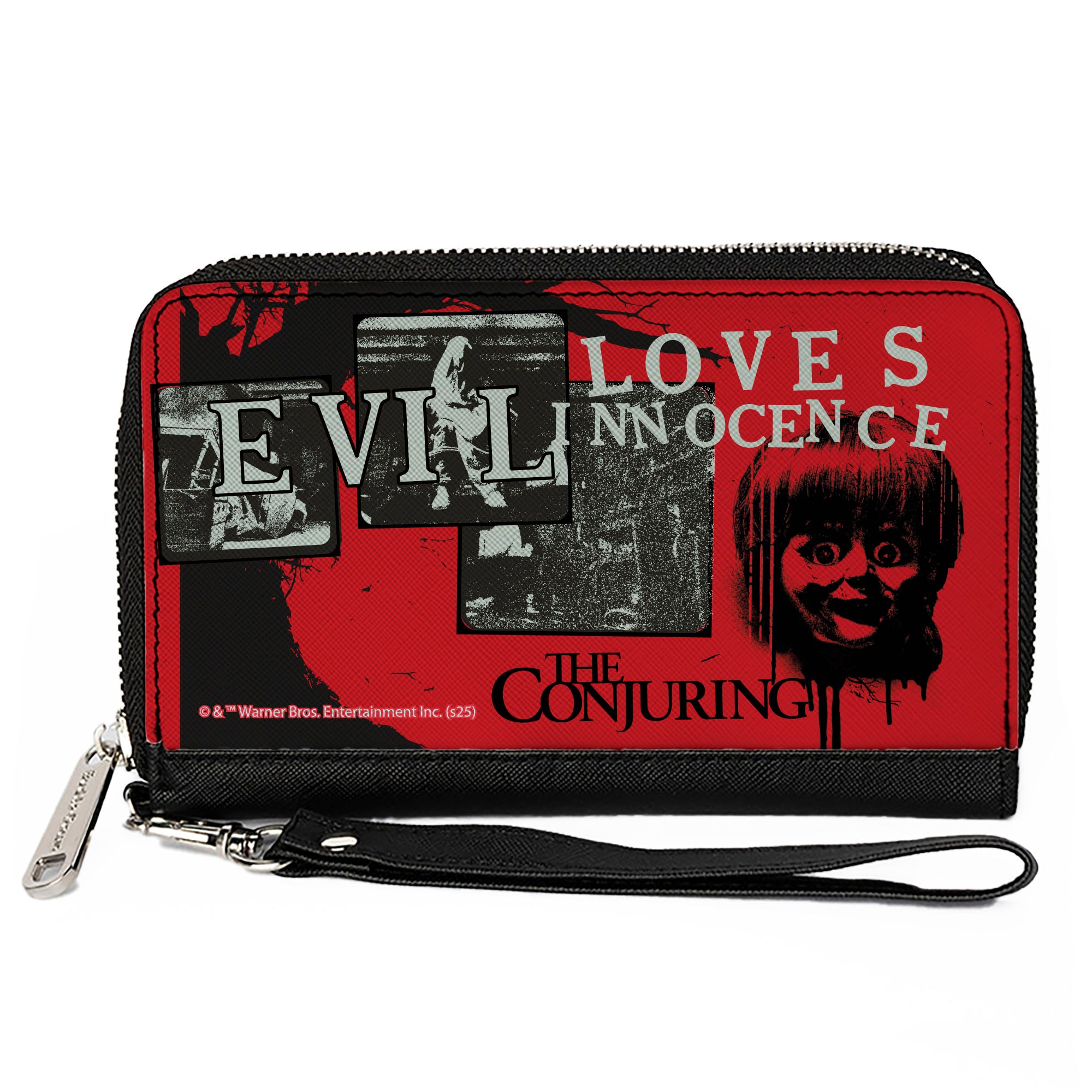 PU Zip Around Wallet Rectangle - The Conjuring EVIL LOVES INNOCENCE Pose Blocks Red/Black Clutch Zip Around Wallets The Conjuring