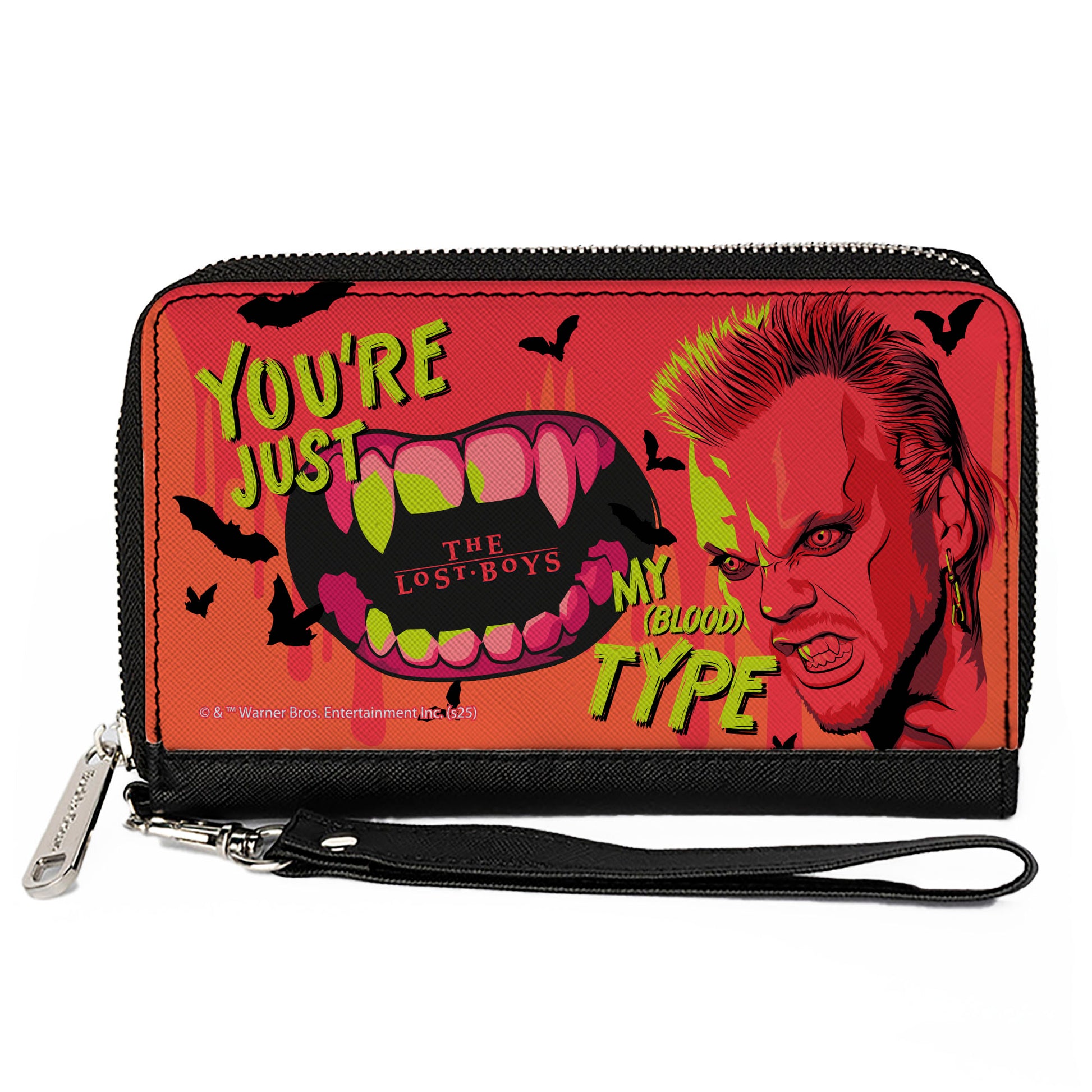 PU Zip Around Wallet Rectangle - The Lost Boys David Face YOU'RE JUST MY BLOOD TYPE Reds/Yellows Clutch Zip Around Wallets The Lost Boys