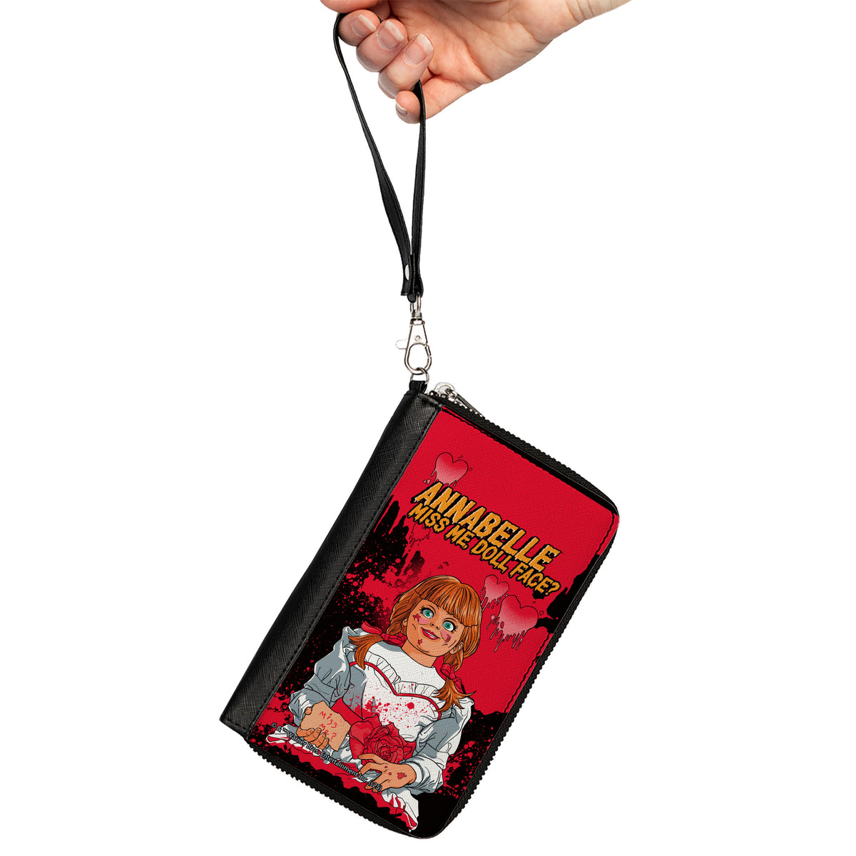 PU Zip Around Wallet Rectangle - ANNABELLE MISS ME DOLL FACE Pose Reds/Black