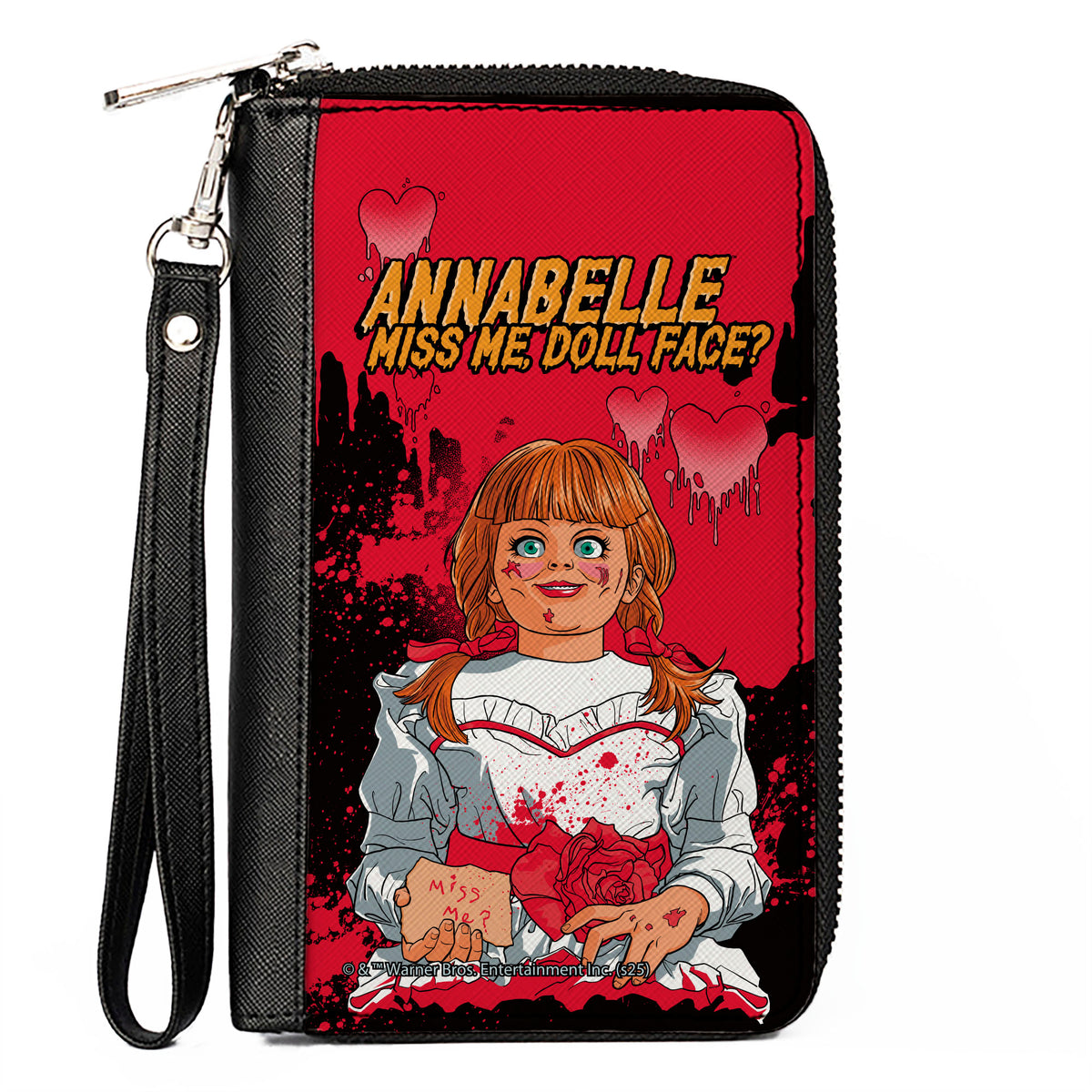 PU Zip Around Wallet Rectangle - ANNABELLE MISS ME DOLL FACE Pose Reds/Black