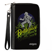 Women's PU Zip Around Wallet Rectangle - BEETLEJUICE Sitting on Tombstone Pose Trees Black Purple Green Yellow Clutch Zip Around Wallets Beetlejuice