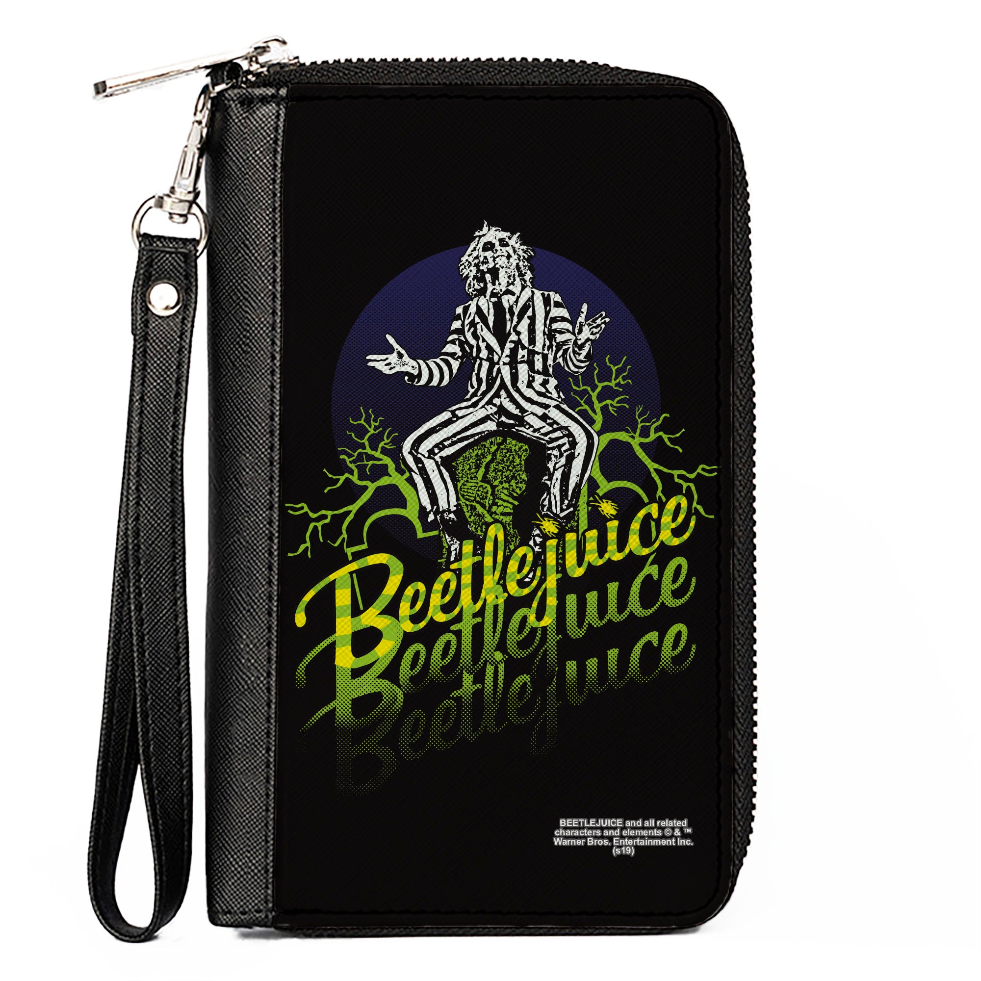 Women's PU Zip Around Wallet Rectangle - BEETLEJUICE Sitting on Tombstone Pose Trees Black Purple Green Yellow Clutch Zip Around Wallets Beetlejuice