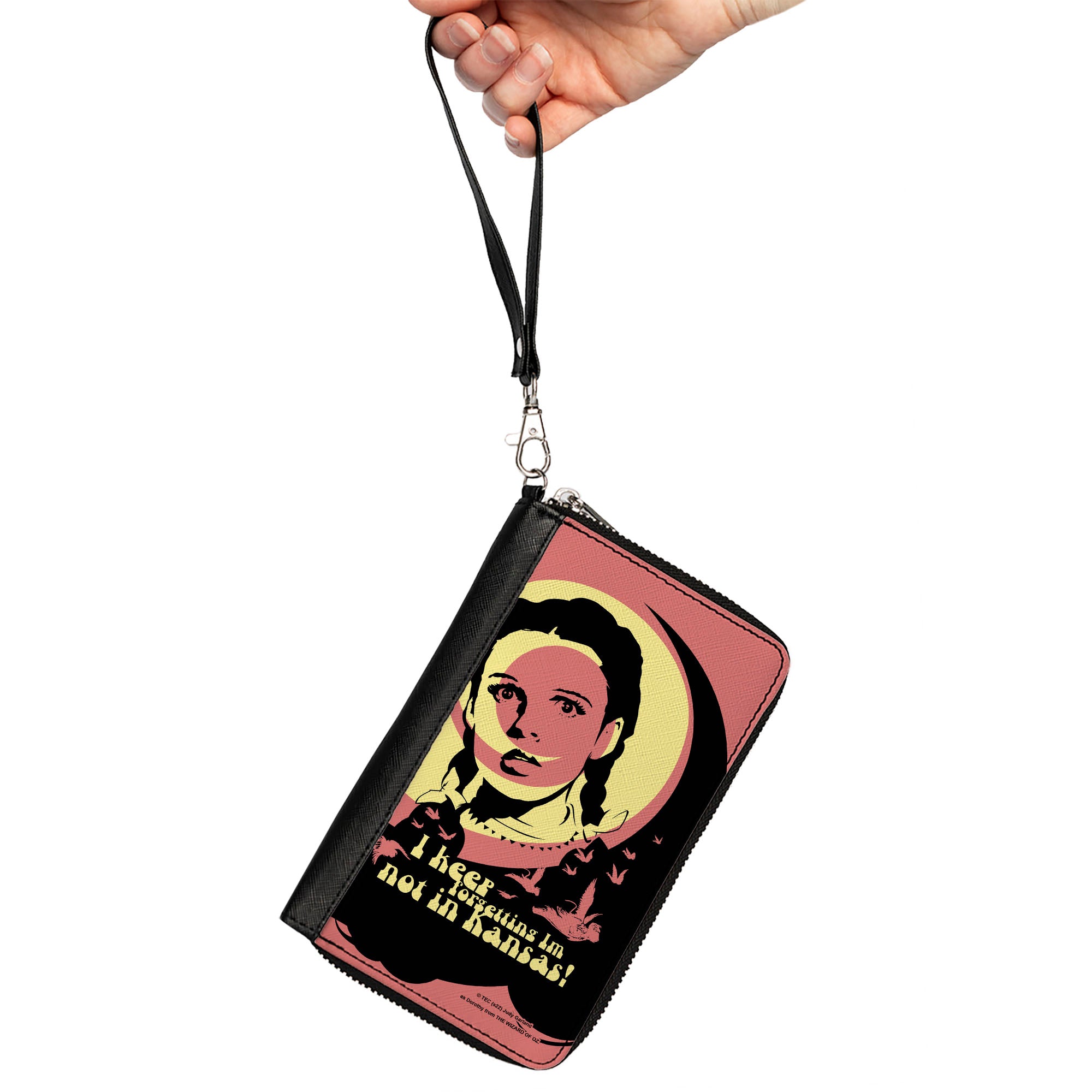 PU Zip Around Wallet Rectangle - The Wizard of Oz Dorothy and Flying Monkeys NOT IN KANSAS Quote Black/Yellow/Pink Clutch Zip Around Wallets The Wizard of Oz