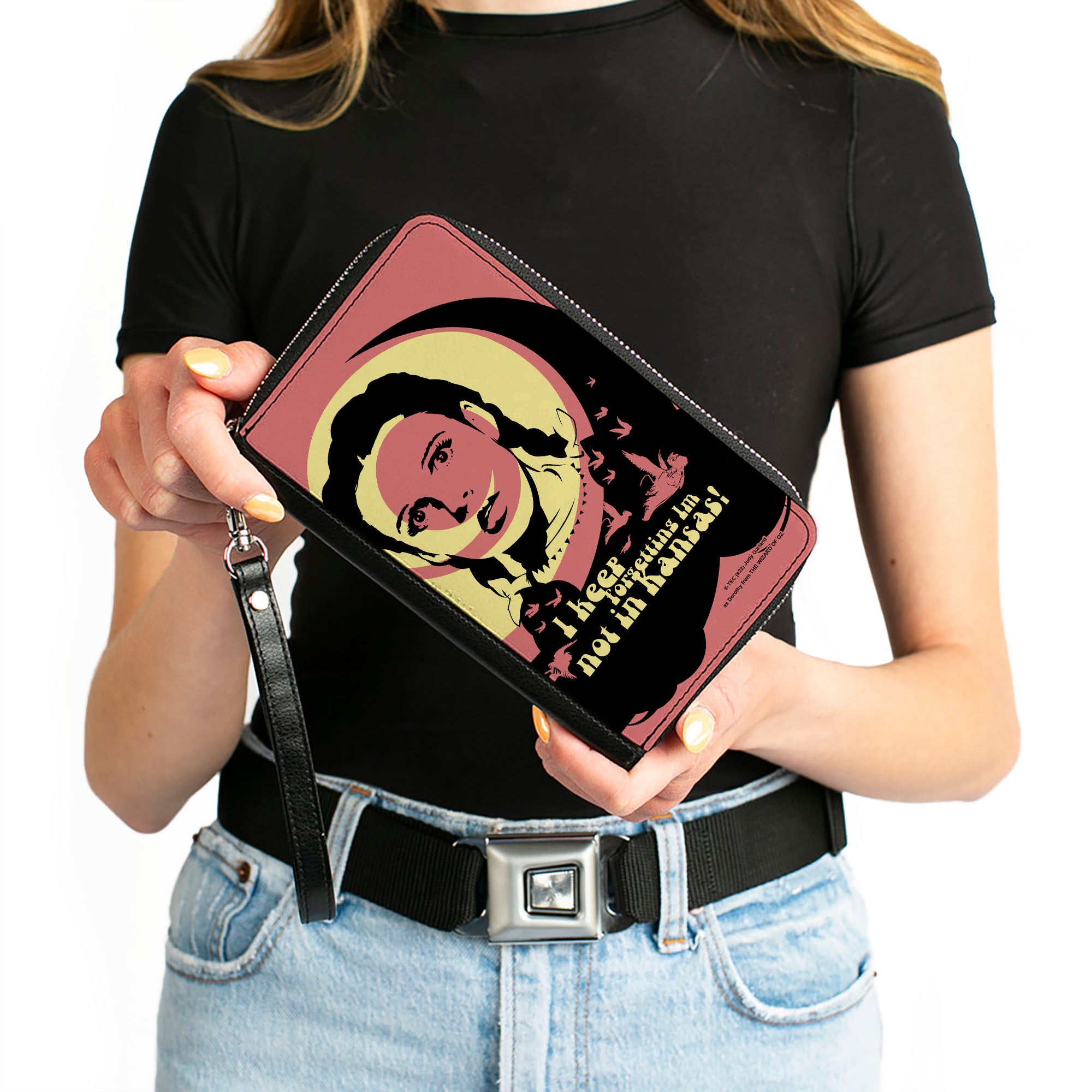PU Zip Around Wallet Rectangle - The Wizard of Oz Dorothy and Flying Monkeys NOT IN KANSAS Quote Black/Yellow/Pink Clutch Zip Around Wallets The Wizard of Oz