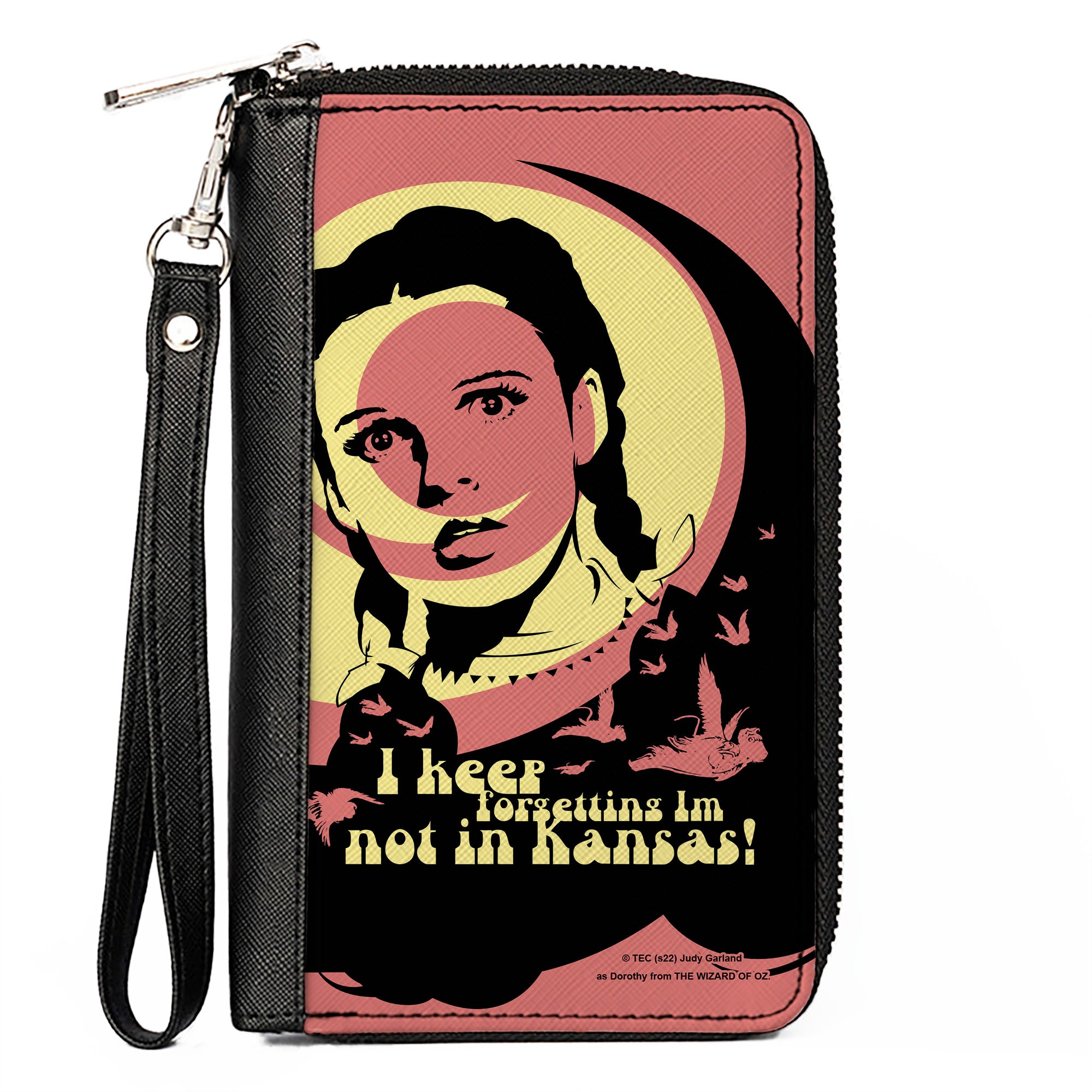 PU Zip Around Wallet Rectangle - The Wizard of Oz Dorothy and Flying Monkeys NOT IN KANSAS Quote Black/Yellow/Pink Clutch Zip Around Wallets The Wizard of Oz