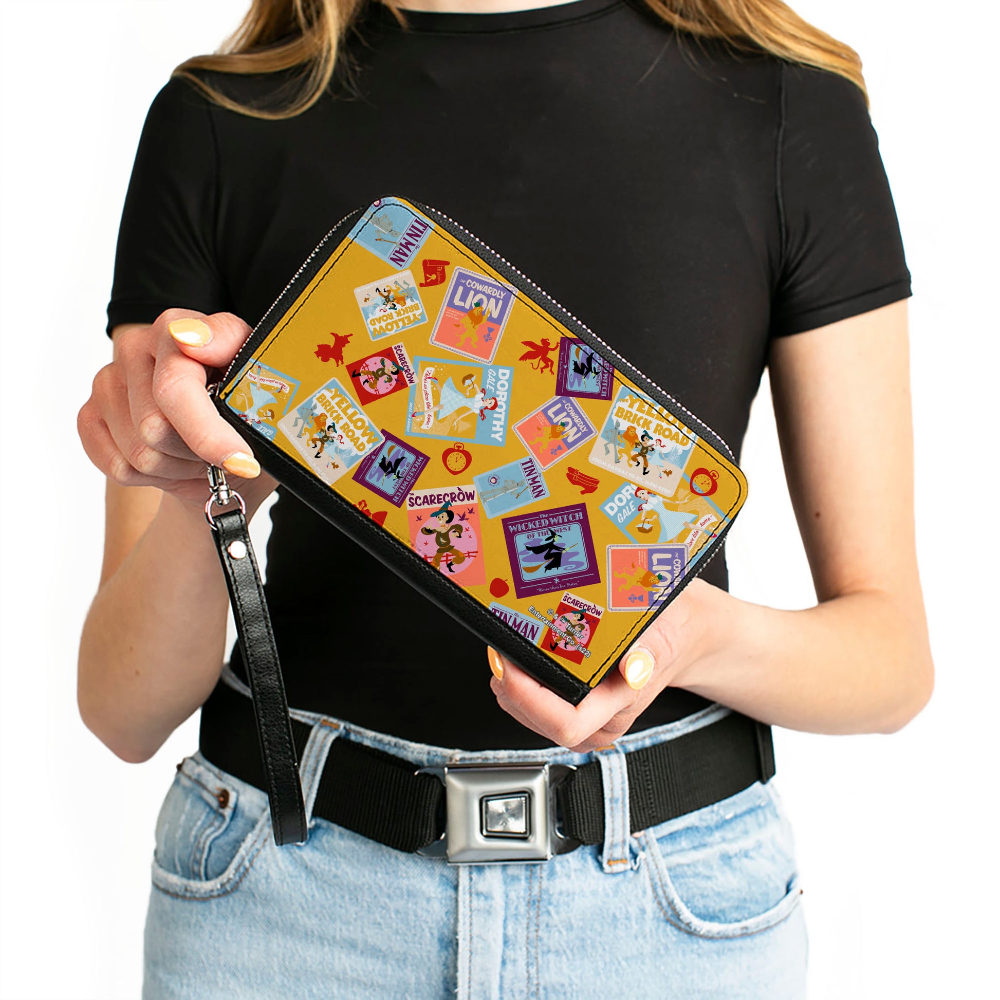 PU Zip Around Wallet Rectangle - The Wizard of Oz Characters Scenes and Icons Collage Yellow Clutch Zip Around Wallets The Wizard of Oz