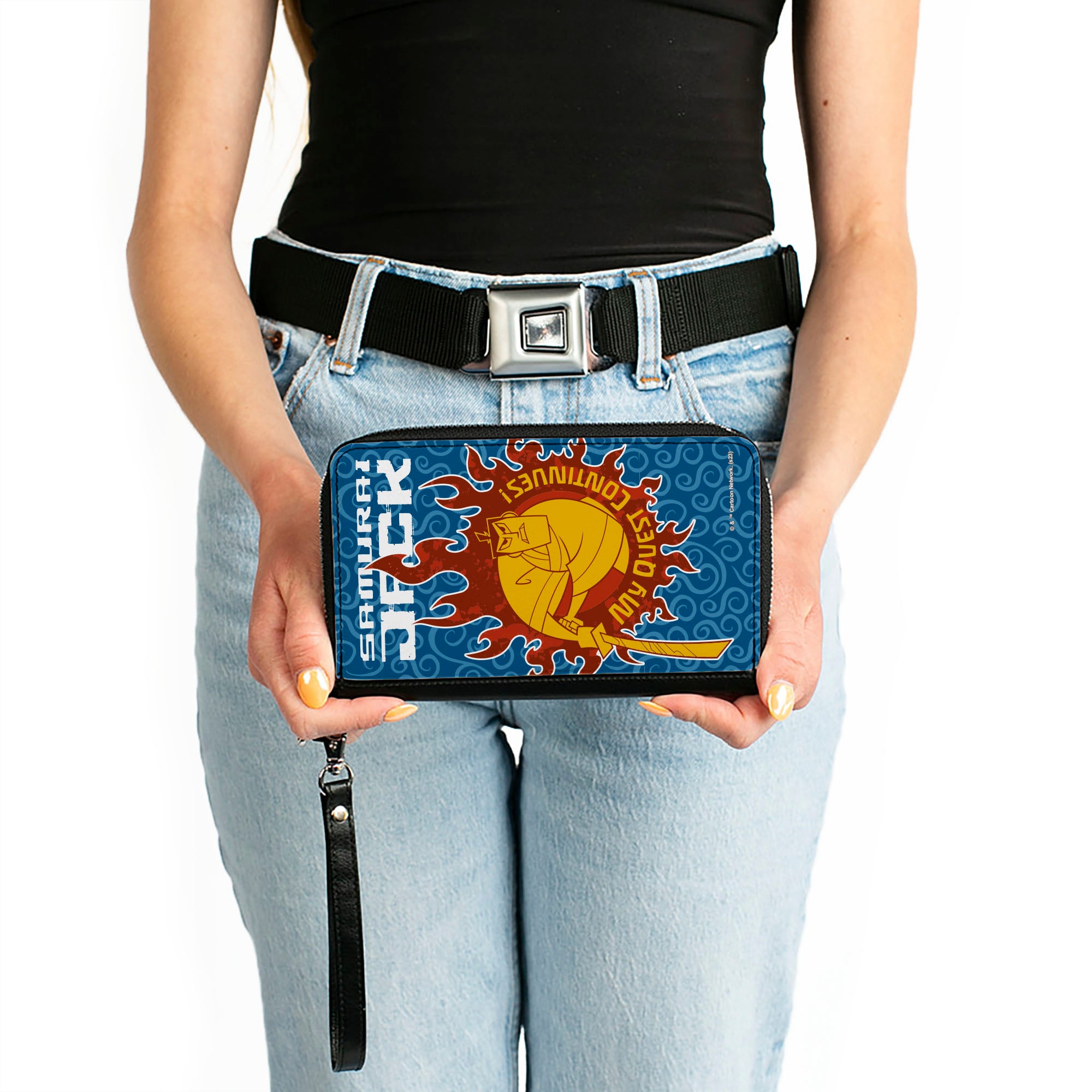 PU Zip Around Wallet Rectangle - SAMURAI JACK MY QUEST CONTINUES Katana Pose Swirl Blues Clutch Zip Around Wallets Samurai Jack