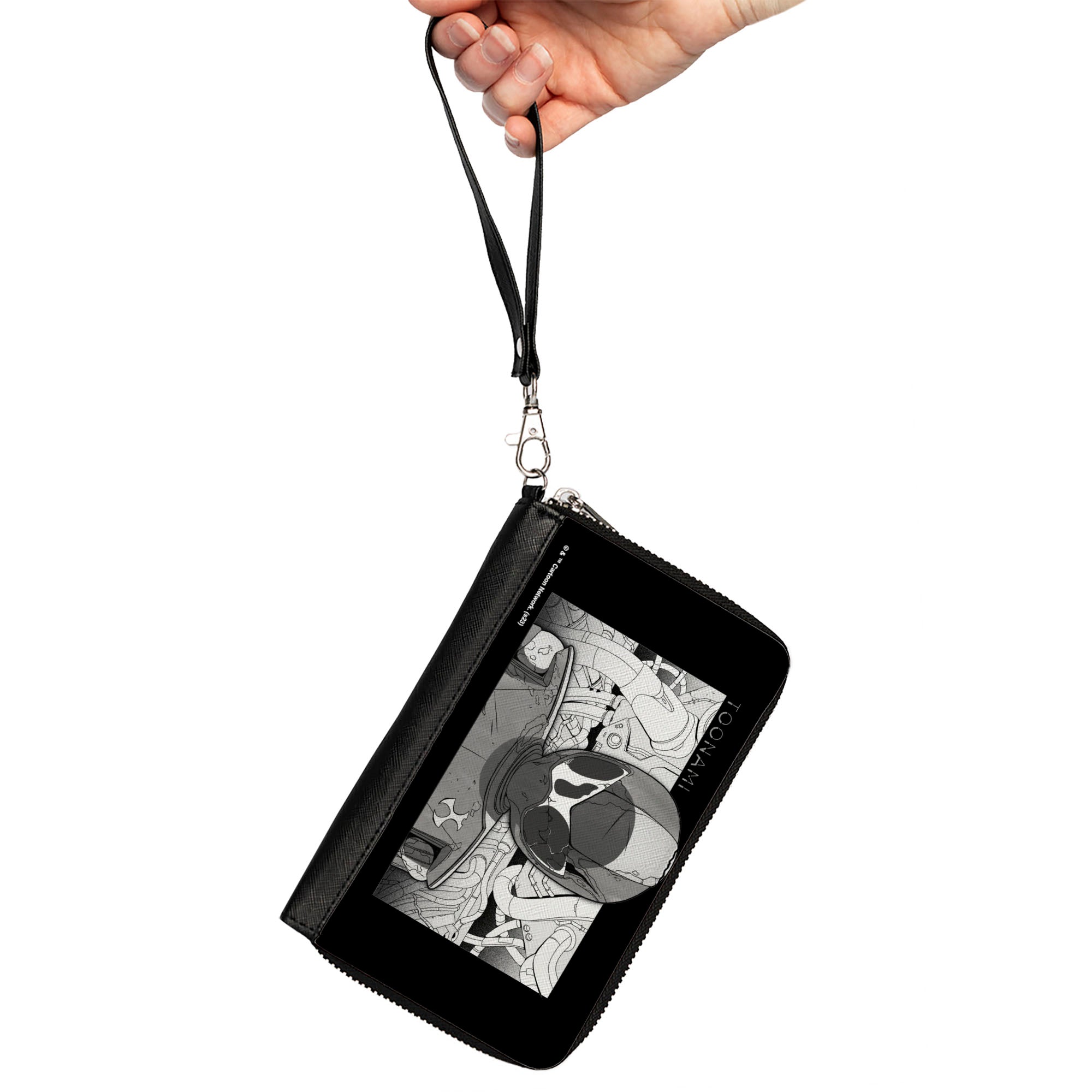 PU Zip Around Wallet Rectangle - TOONAMI Robot TOM Sketch Pose Black/Grays Clutch Zip Around Wallets Toonami