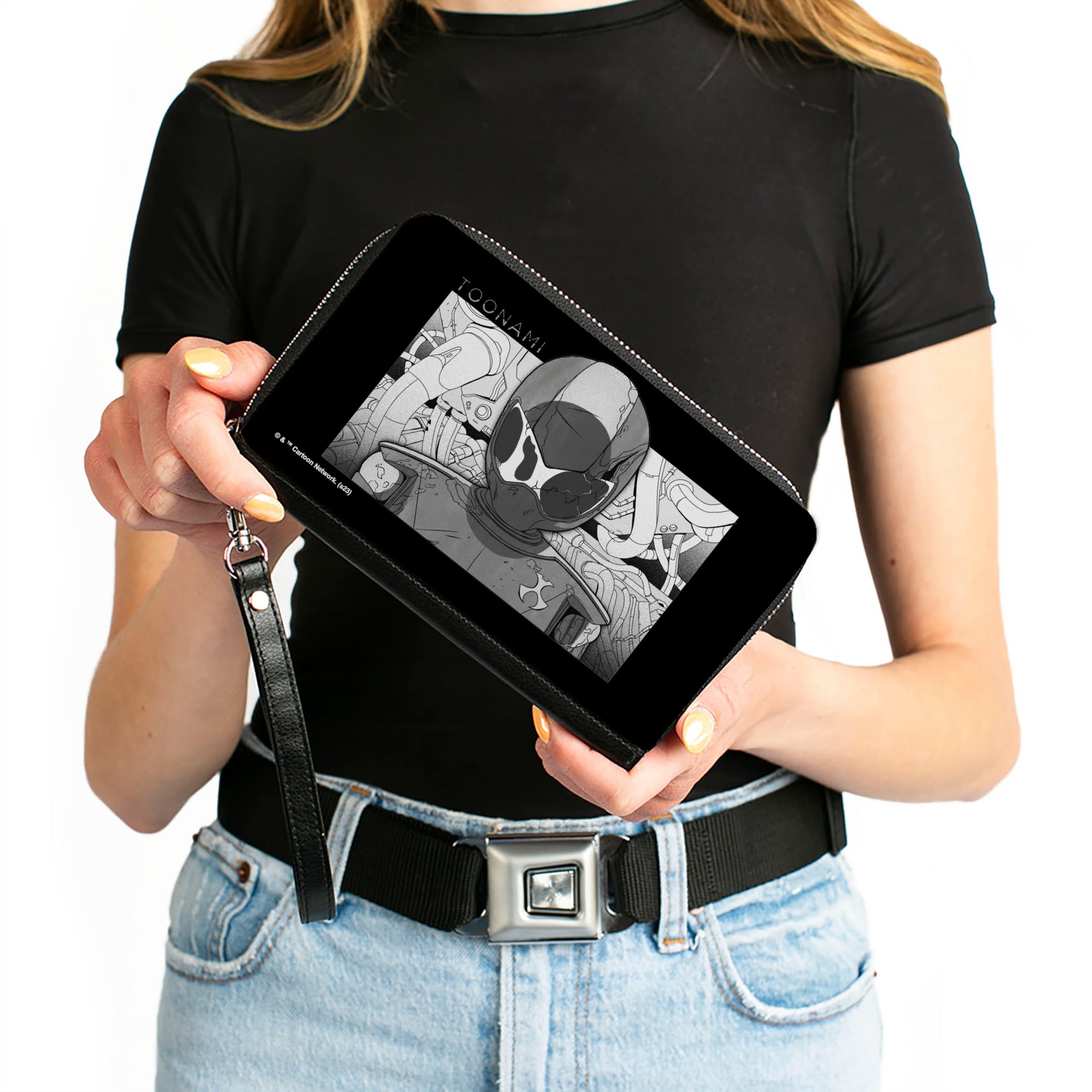 PU Zip Around Wallet Rectangle - TOONAMI Robot TOM Sketch Pose Black/Grays Clutch Zip Around Wallets Toonami