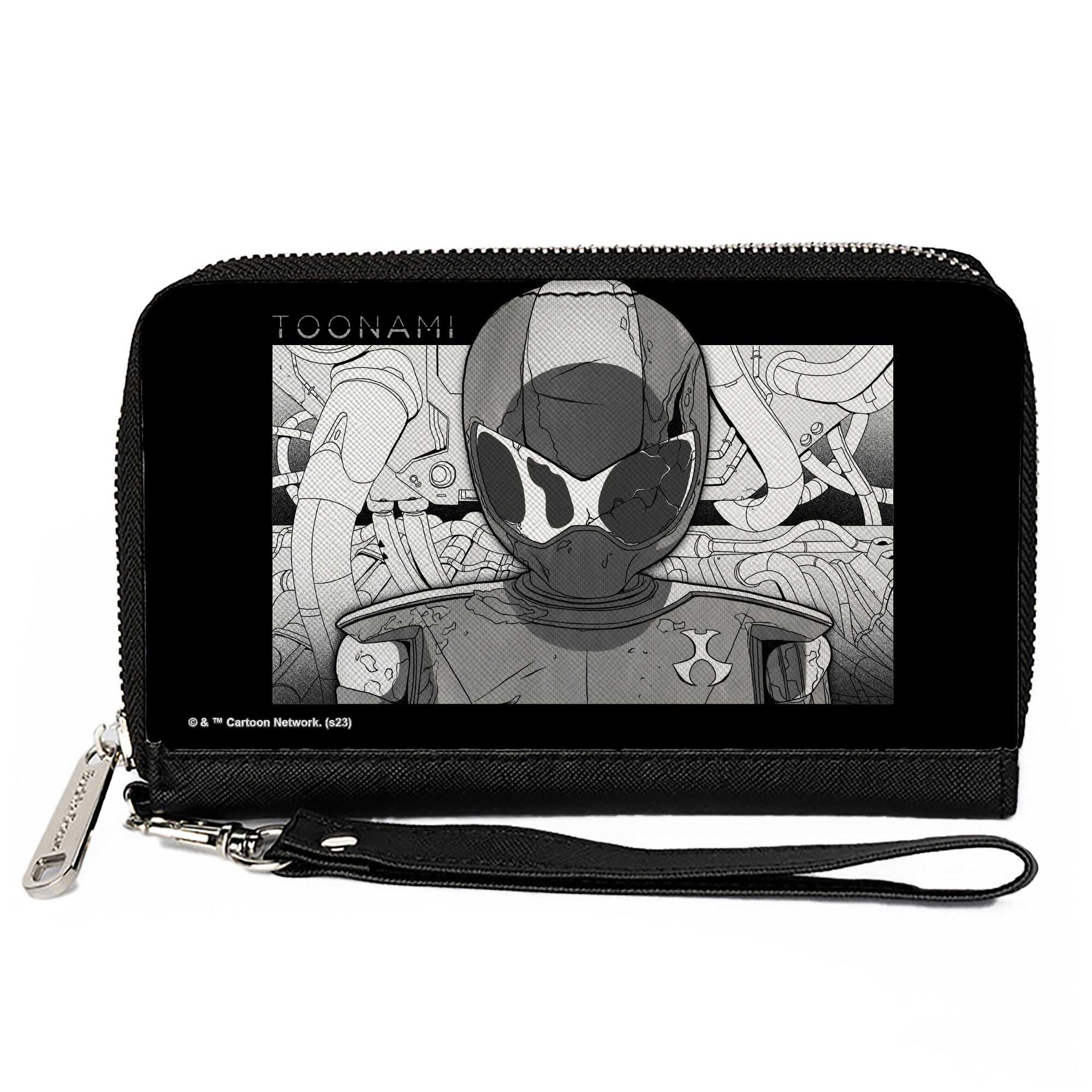 PU Zip Around Wallet Rectangle - TOONAMI Robot TOM Sketch Pose Black/Grays Clutch Zip Around Wallets Toonami