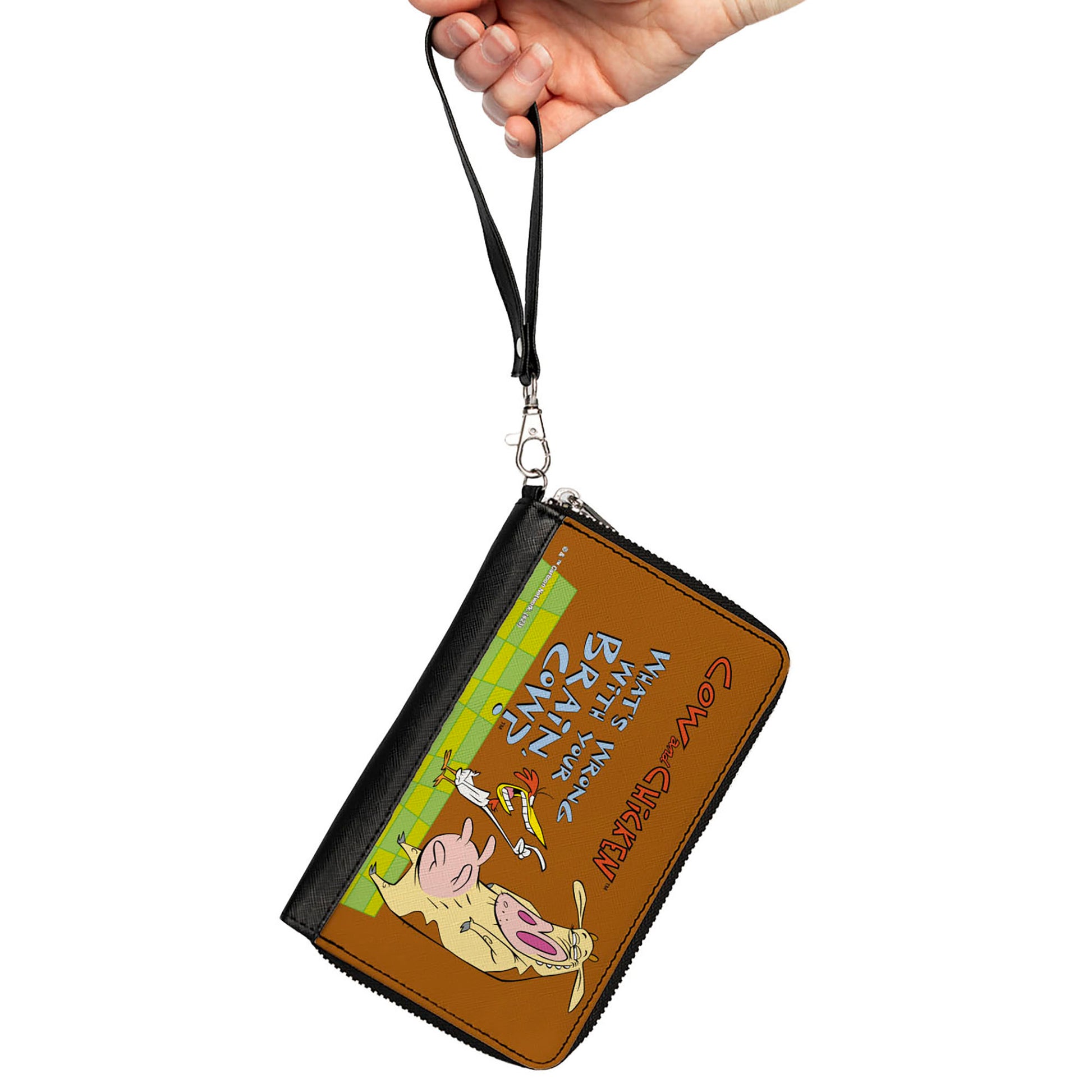 PU Zip Around Wallet Rectangle - COW AND CHICKEN WHAT'S WRONG WITH YOUR BRAIN Pose and Title Logo Brown Clutch Zip Around Wallets Cow and Chicken