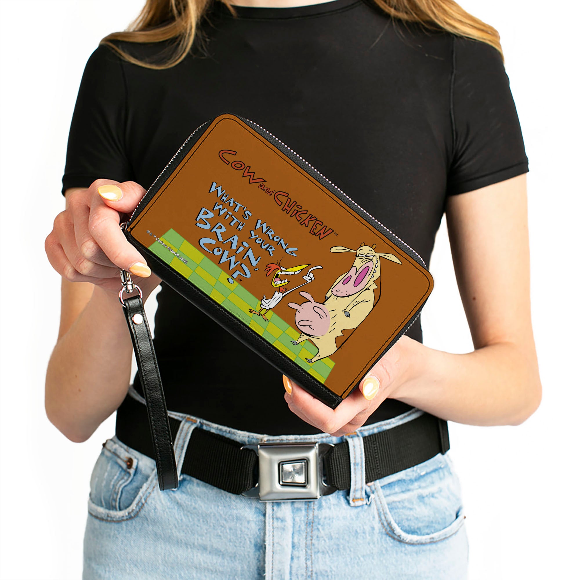 PU Zip Around Wallet Rectangle - COW AND CHICKEN WHAT'S WRONG WITH YOUR BRAIN Pose and Title Logo Brown Clutch Zip Around Wallets Cow and Chicken