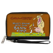 PU Zip Around Wallet Rectangle - COW AND CHICKEN WHAT'S WRONG WITH YOUR BRAIN Pose and Title Logo Brown Clutch Zip Around Wallets Cow and Chicken