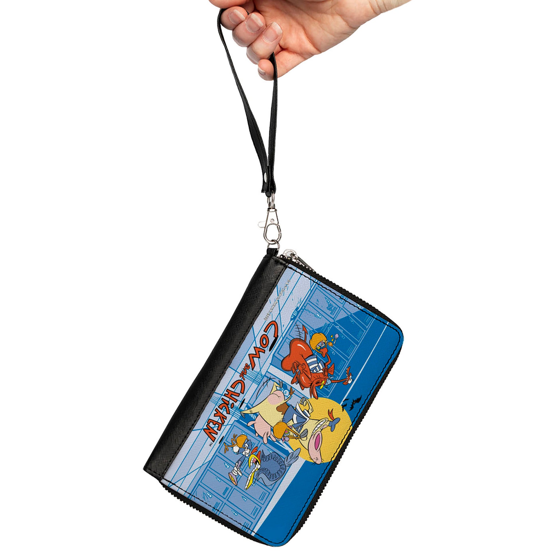 PU Zip Around Wallet Rectangle - COW AND CHICKEN with Red Guy Running Pose and Title Logo Blues Clutch Zip Around Wallets Cow and Chicken