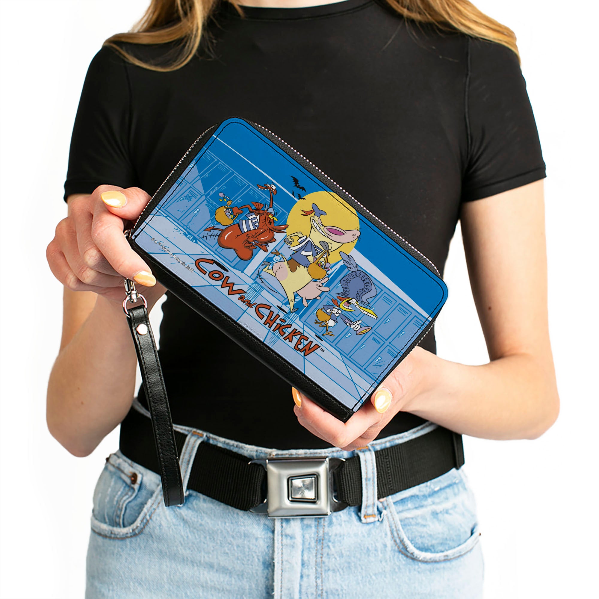PU Zip Around Wallet Rectangle - COW AND CHICKEN with Red Guy Running Pose and Title Logo Blues Clutch Zip Around Wallets Cow and Chicken