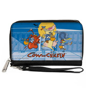 PU Zip Around Wallet Rectangle - COW AND CHICKEN with Red Guy Running Pose and Title Logo Blues Clutch Zip Around Wallets Cow and Chicken