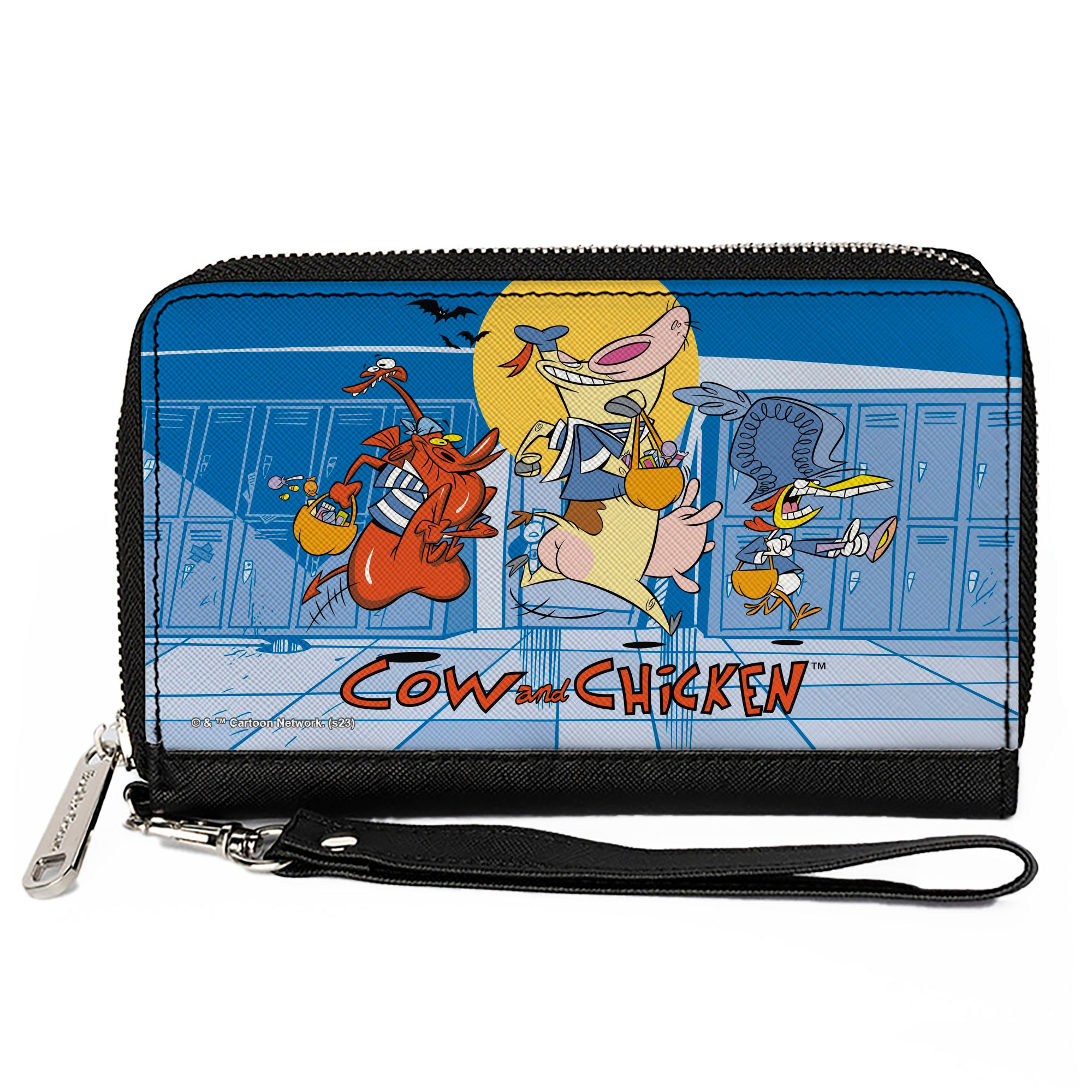 PU Zip Around Wallet Rectangle - COW AND CHICKEN with Red Guy Running Pose and Title Logo Blues Clutch Zip Around Wallets Cow and Chicken