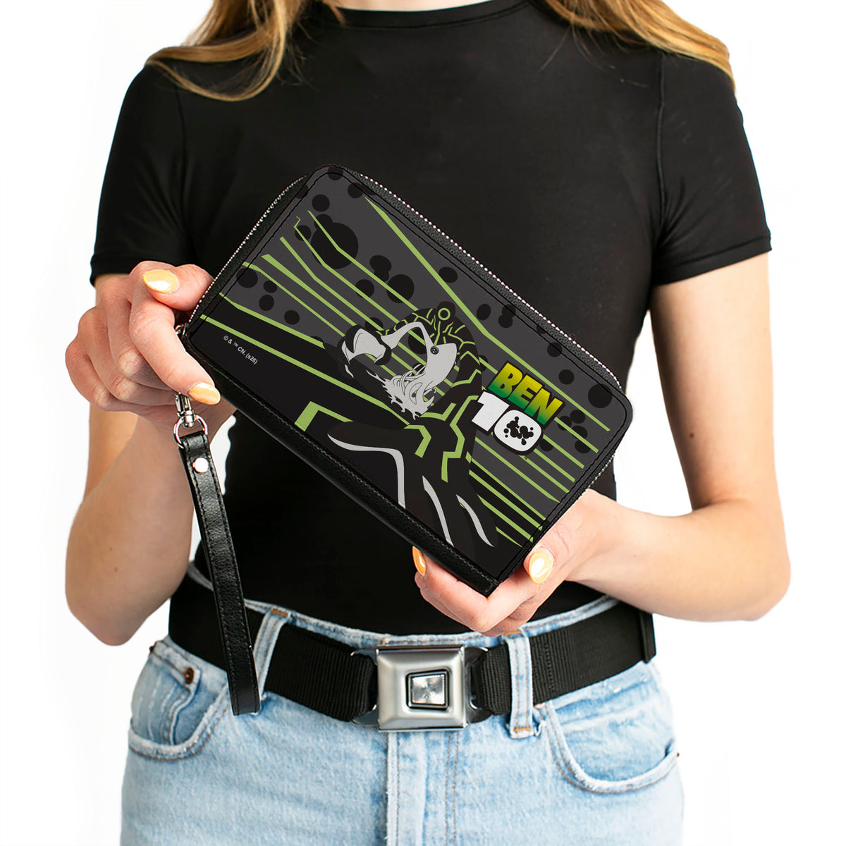 PU Zip Around Wallet Rectangle - BEN 10 Upgrade Reaching Pose and Title Logo Gray/Black/Greens Clutch Zip Around Wallets Ben 10
