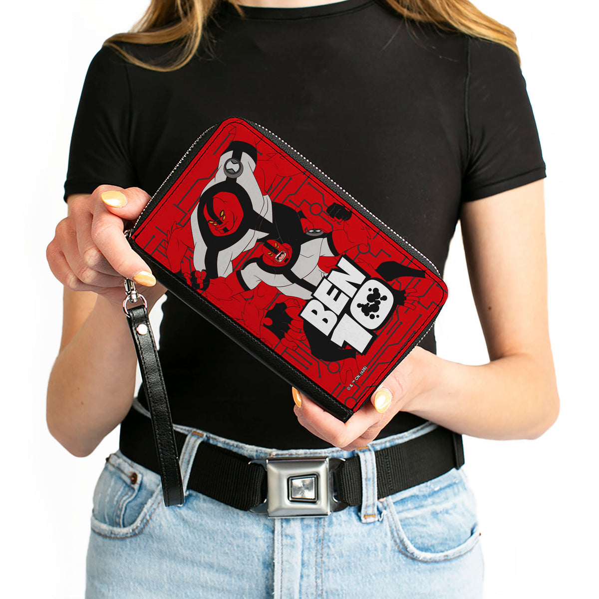 PU Zip Around Wallet Rectangle - BEN 10 Fours Arms Poses and Title Logo Red/Black/White